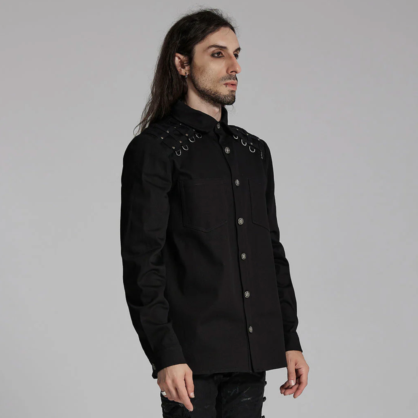 Gothic Rivet-Adorned Button-Up Black Punk Shirt