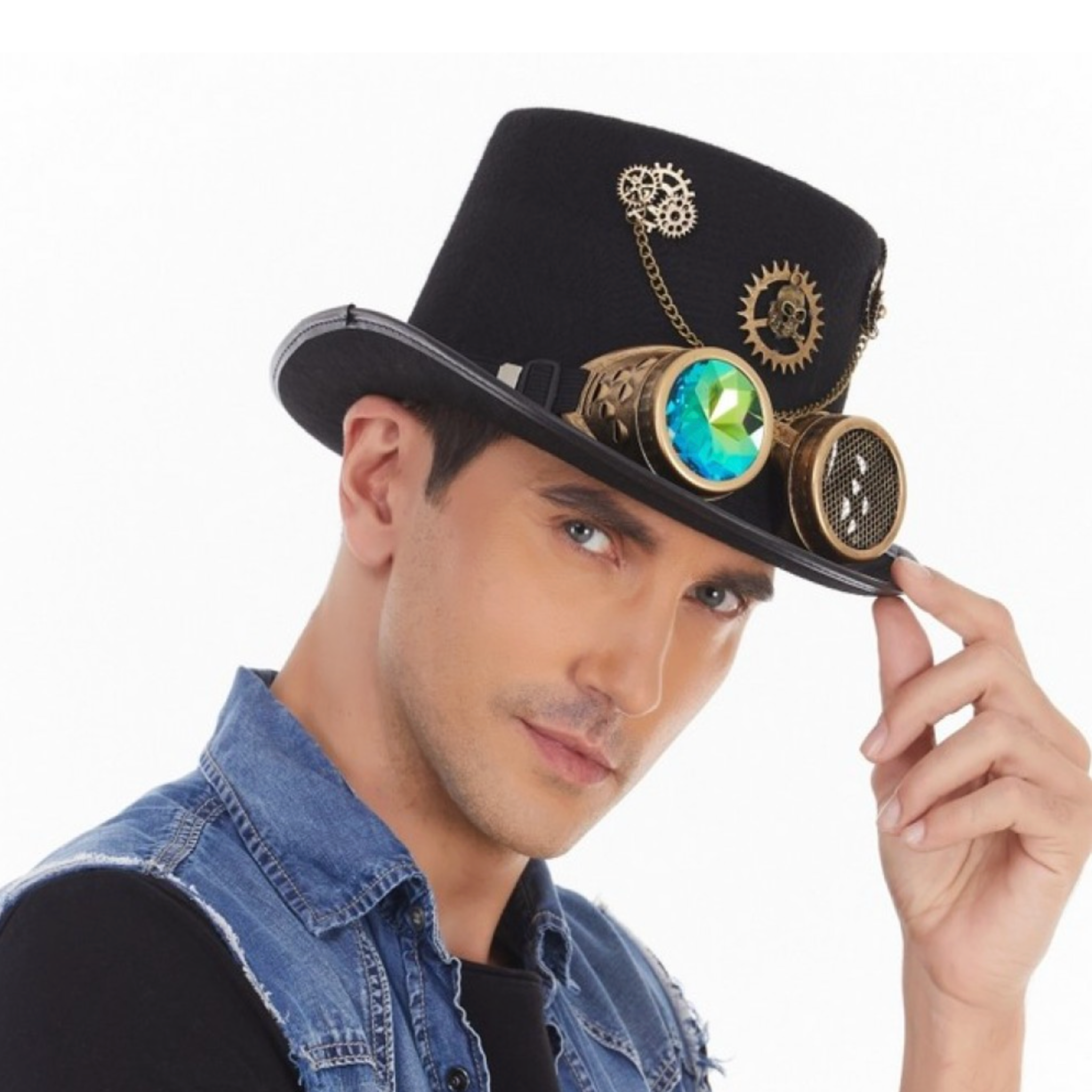 victorian steampunk top hat holo lens goggles holographic rainbow goggles gold gear accents retro steampunk cosplay hat festival costume accessory futuristic gothic party statement headwear