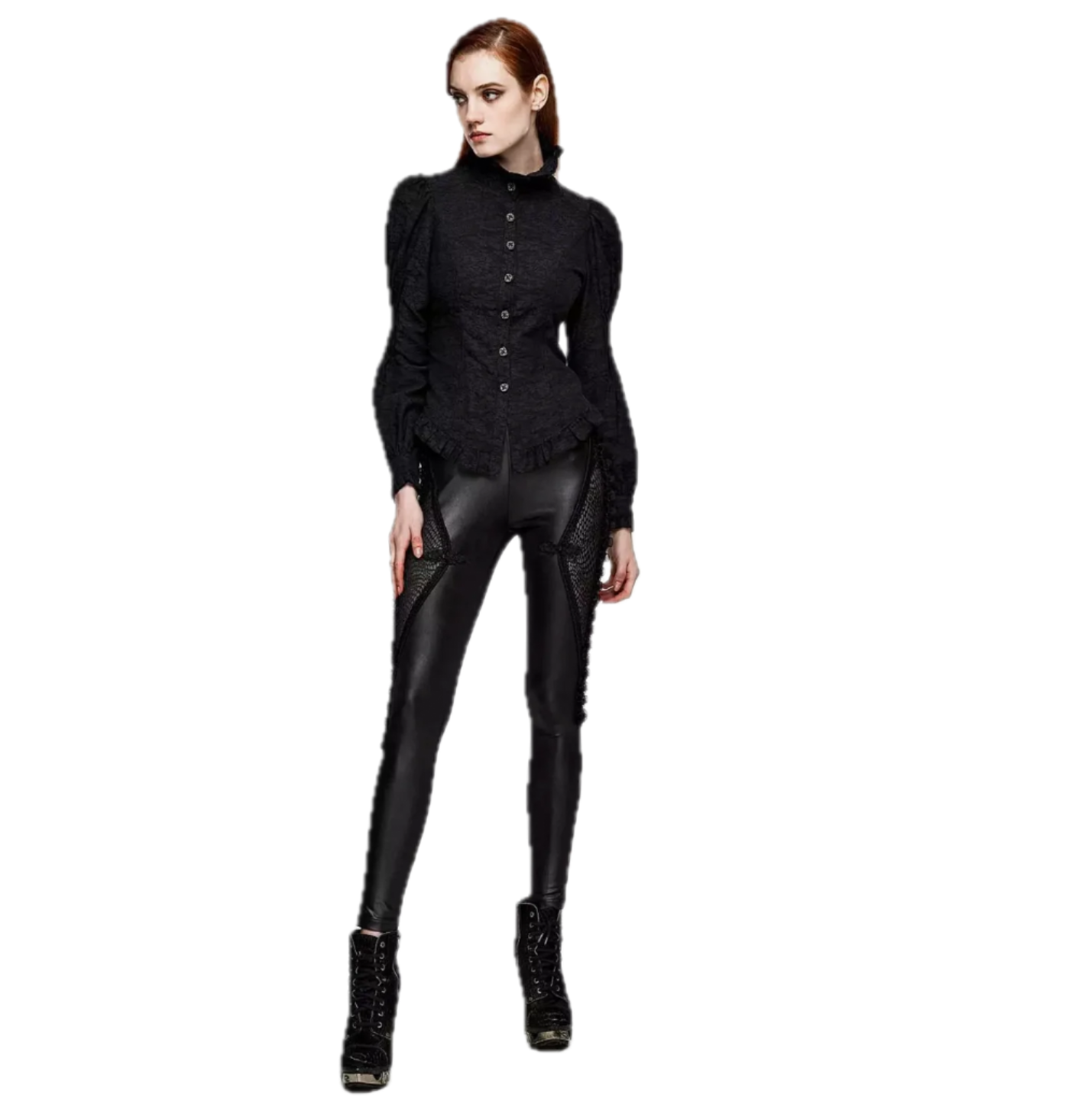 Ruffled Mesh Panels Embroidered Gothic Leggings Pants – Sheer mesh panels, intricate embroidery, and ruffled details – Fetish fashion, alternative style leggings for women