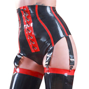 Latex rubber intimates lingerie bottoms shorts briefs knickers high-waist hi-waist lace-front mock nylon-cording garter-suspenders garters slide-clips adjustable shiny glossy fetish fashion alt-fashion bdsm bdsm-fashion bdsm-gear domina seductive seducer sexy female femme feminine womens
black red