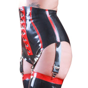 Latex rubber intimates lingerie bottoms shorts briefs knickers high-waist hi-waist lace-front mock nylon-cording garter-suspenders garters slide-clips adjustable shiny glossy fetish fashion alt-fashion bdsm bdsm-fashion bdsm-gear domina seductive seducer sexy female femme feminine womens
black red