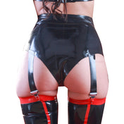 Latex rubber intimates lingerie bottoms shorts briefs knickers high-waist hi-waist lace-front mock nylon-cording garter-suspenders garters slide-clips adjustable shiny glossy fetish fashion alt-fashion bdsm bdsm-fashion bdsm-gear domina seductive seducer sexy female femme feminine womens
black red