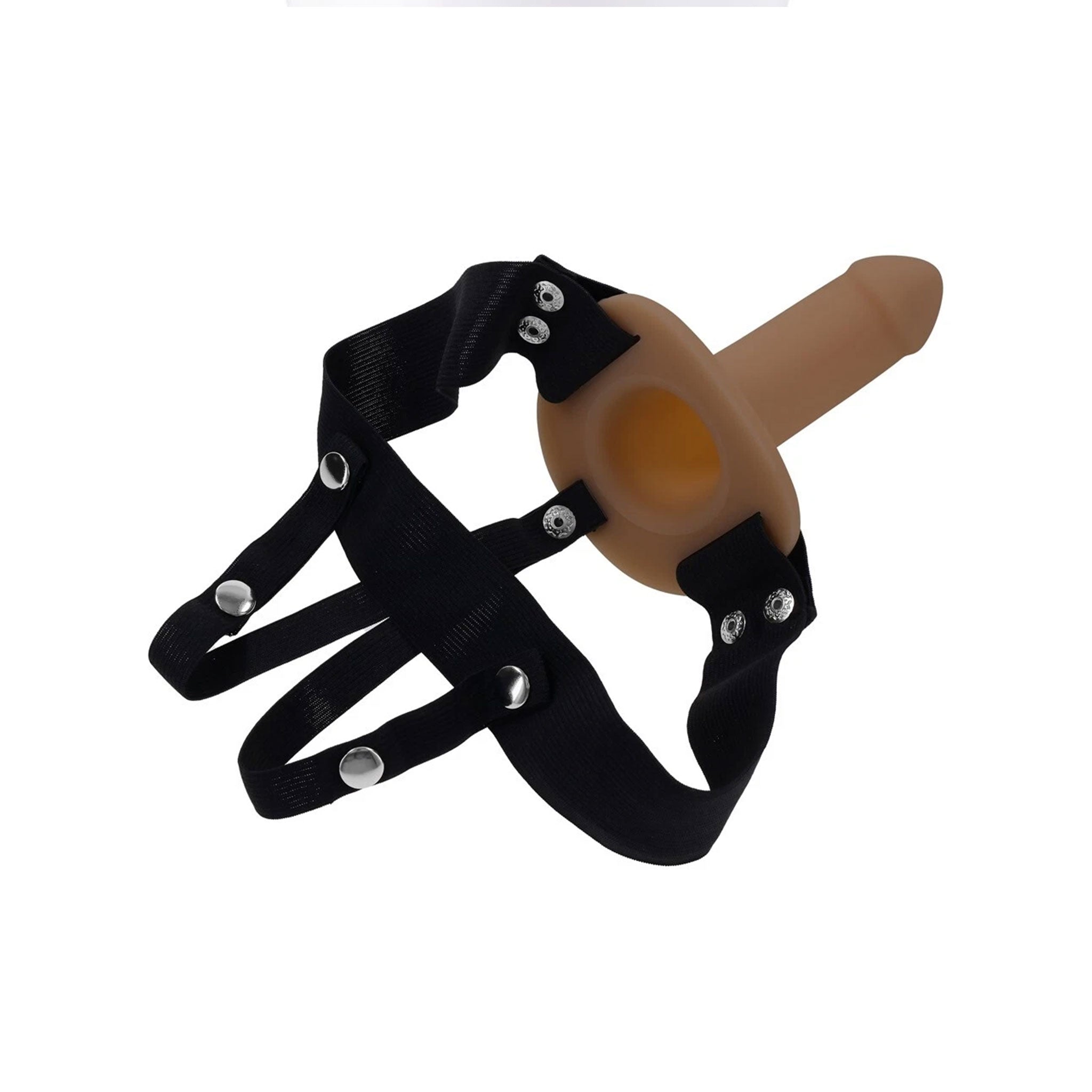 Silicone propylene-elastane nickel-plated iron strap-on strapon dildo dong hollow extender phallus phallic phallic-shaped simple harness tapered-crown flared-base silky smooth removable stretchy adjustable snap-button press-stud wearable beginners gender-affirming kink kinky bdsm bondage bdsm-gear adult-toys chocolate