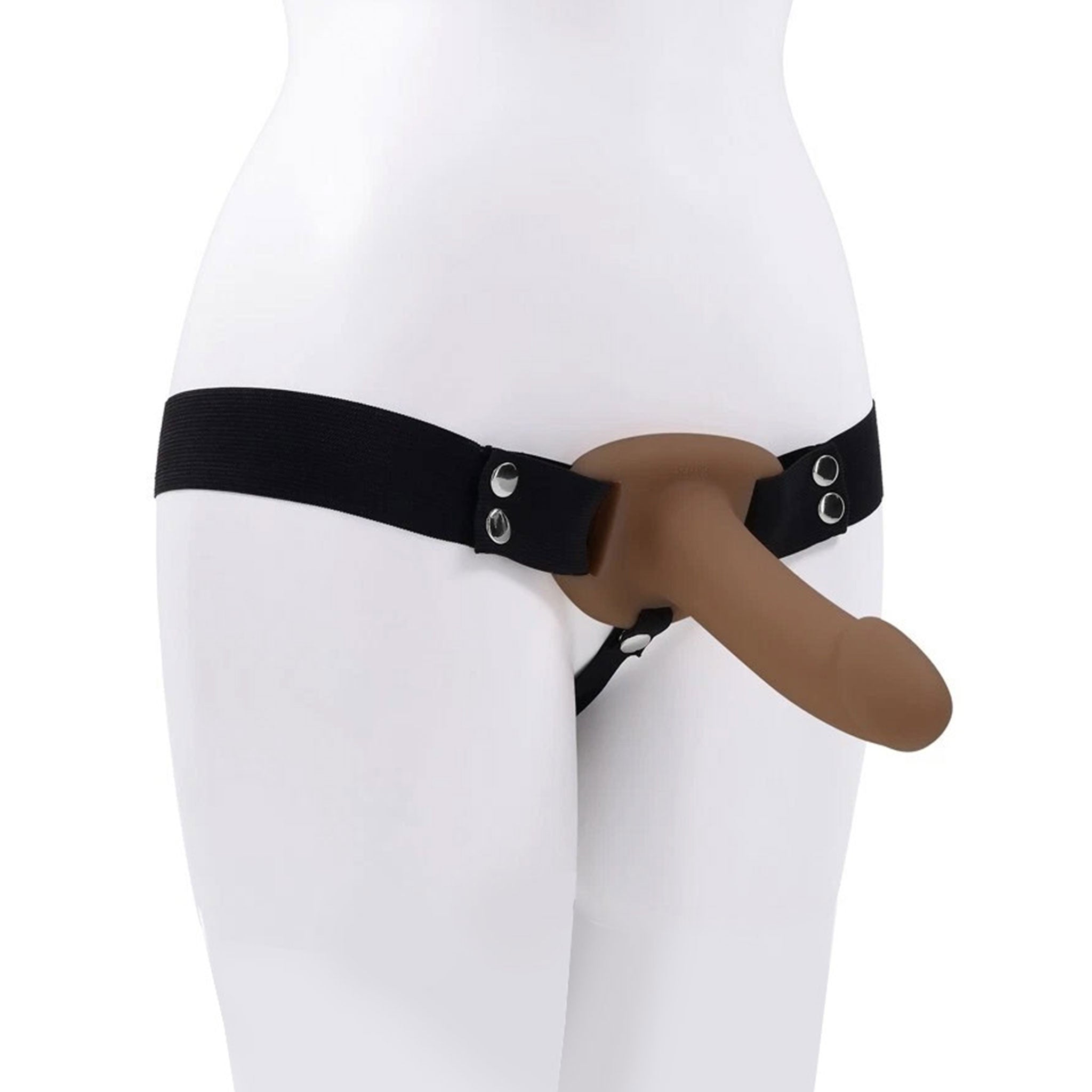 Silicone propylene-elastane nickel-plated iron strap-on strapon dildo dong hollow extender phallus phallic phallic-shaped simple harness tapered-crown flared-base silky smooth removable stretchy adjustable snap-button press-stud wearable beginners gender-affirming kink kinky bdsm bondage bdsm-gear adult-toys chocolate