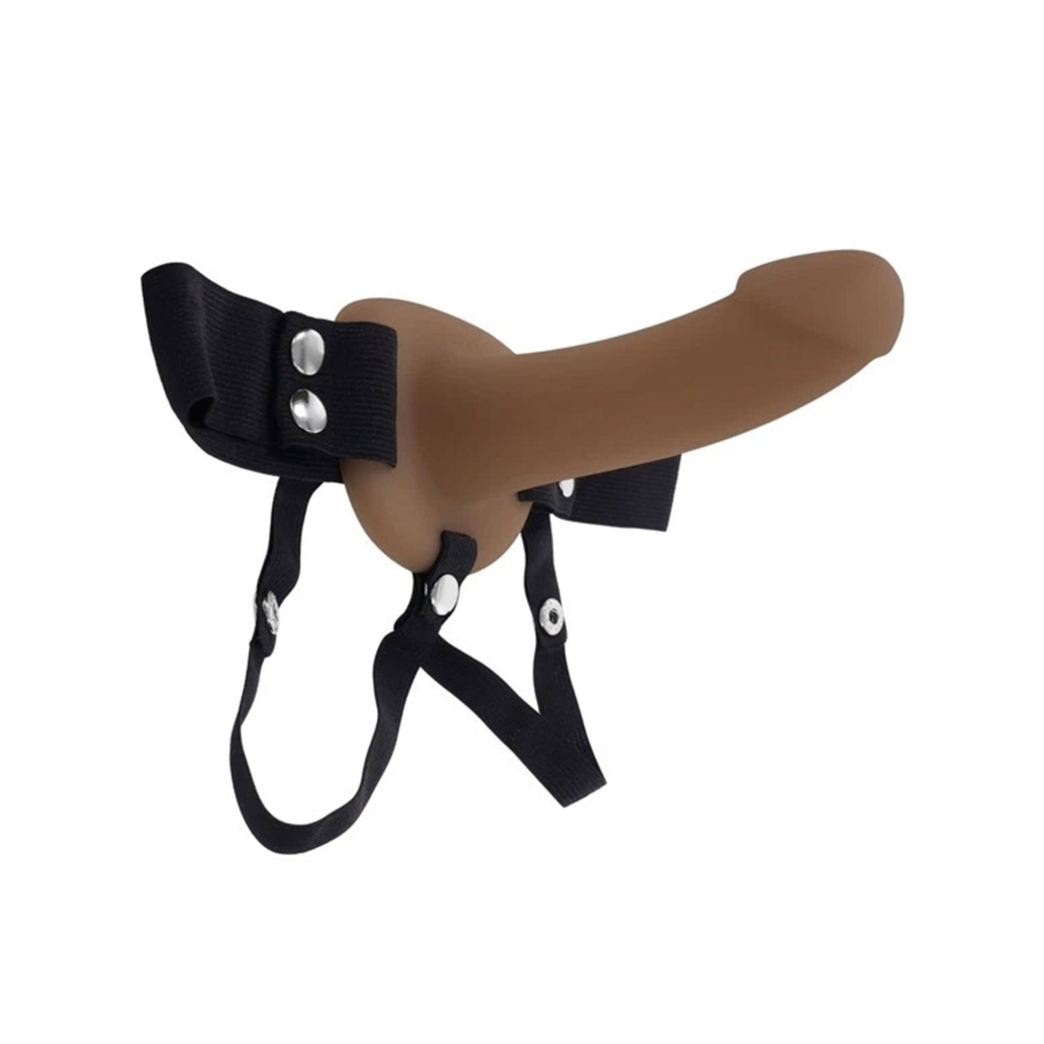 Silicone propylene-elastane nickel-plated iron strap-on strapon dildo dong hollow extender phallus phallic phallic-shaped simple harness tapered-crown flared-base silky smooth removable stretchy adjustable snap-button press-stud wearable beginners gender-affirming kink kinky bdsm bondage bdsm-gear adult-toys chocolate