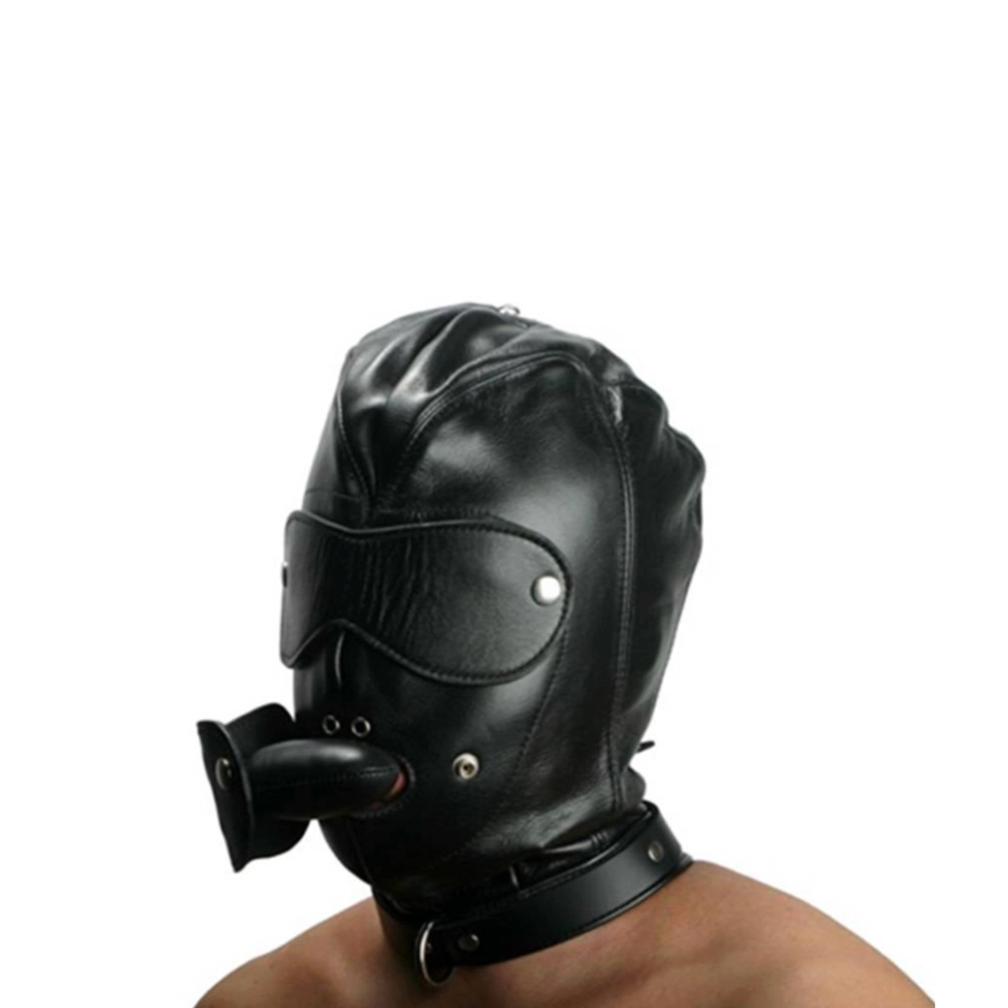 sensory deprivation hood faux leather vegan leather gag blindfold bdsm hood fetish restraint gear