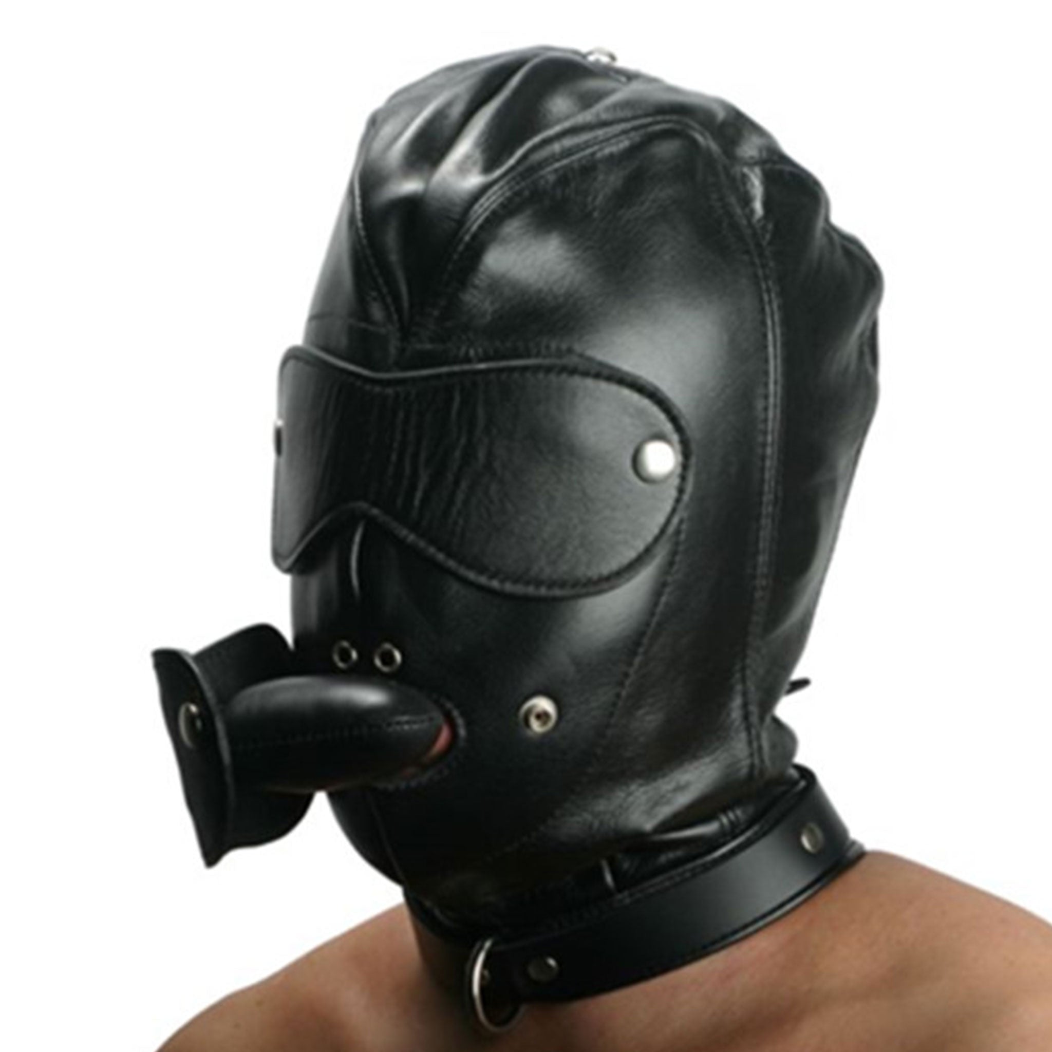 Leather faux-leather vegan-leather nylon-cording accessories mask hood gimp-mask restraint head-restraint blindfold blindfold gag mouth-gag padded-gag snap-button press-stud anatomical nostrils D-ring detachable removable laceup lace-up smooth form-fitting soft sleek fetish fashion alt-fashion bondage bdsm bdsm-gear bdsm-toys kink kinky kinky-play kinky-gear kinky-play sensory sensory-deprivation deprivation power-exchange sub submission submissive domination costume cosplay halloween unisex black
