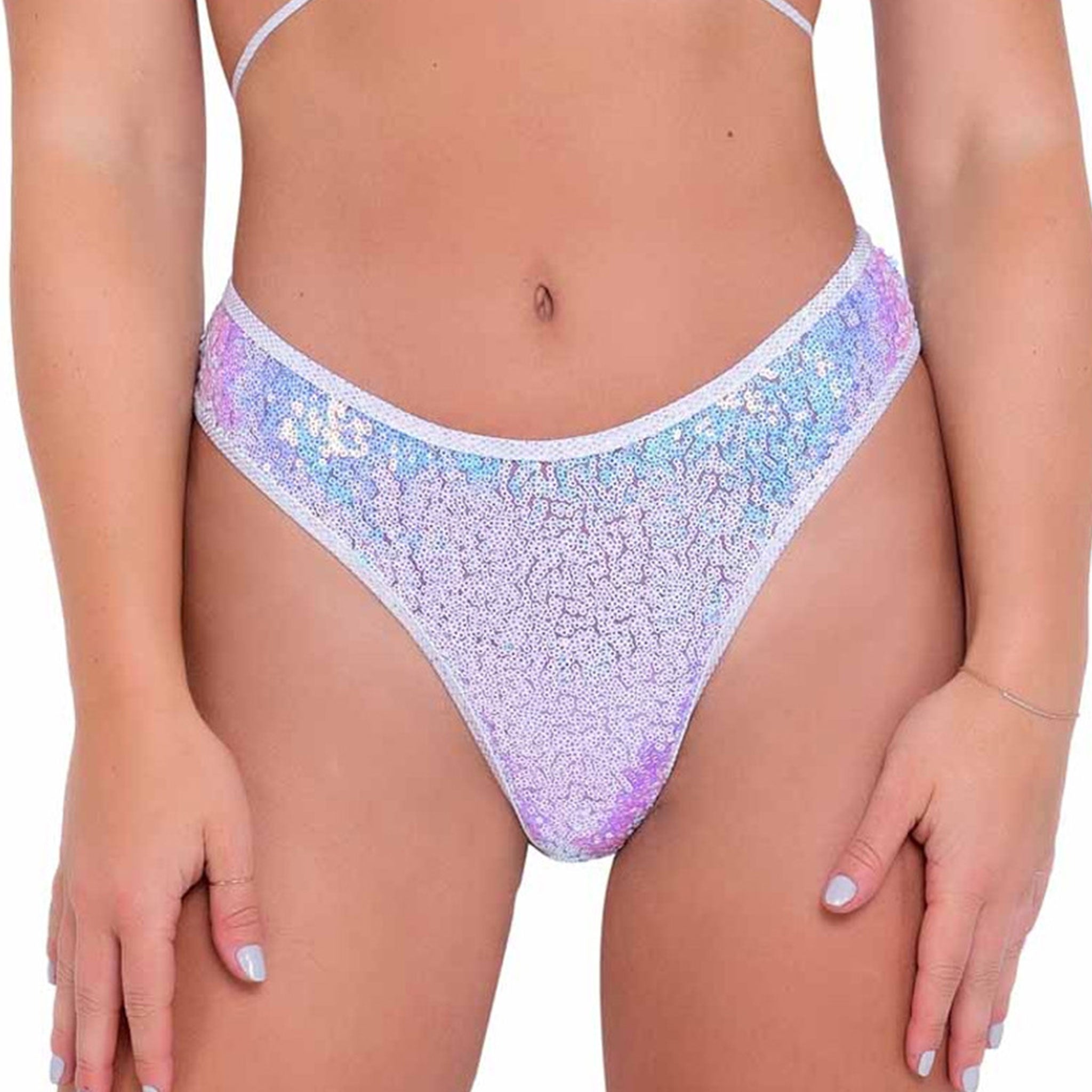 Nylon spandex sequins intimates lingerie shorts cheeky coverage form-fitting fully-lined sparkly shiny glittery stretchy stunning comfortable lightweight costume cosplay halloween rave ravewear raver-babe dancewear pool female femme feminine womens lavender purple violet iridescent 