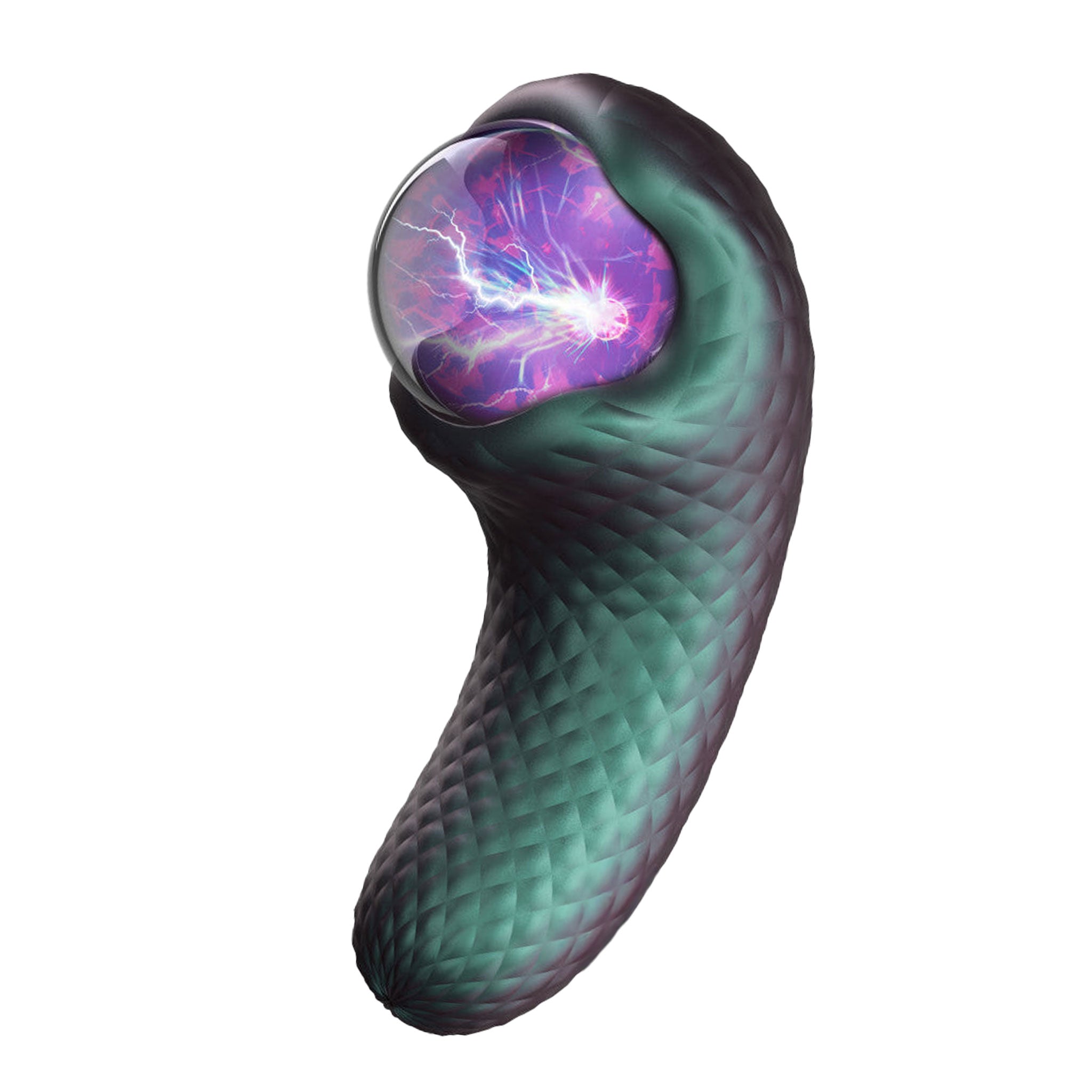 Silicone dildo dong vibrator vibration vibrating vibe heat dual-motor textured serpent reptile snake scale scaly scaled clit clitoral clitoris stimulator stimulation glass ABS electro-globe plasma-globe shocking electro-play elegant adult-toys green multicolor