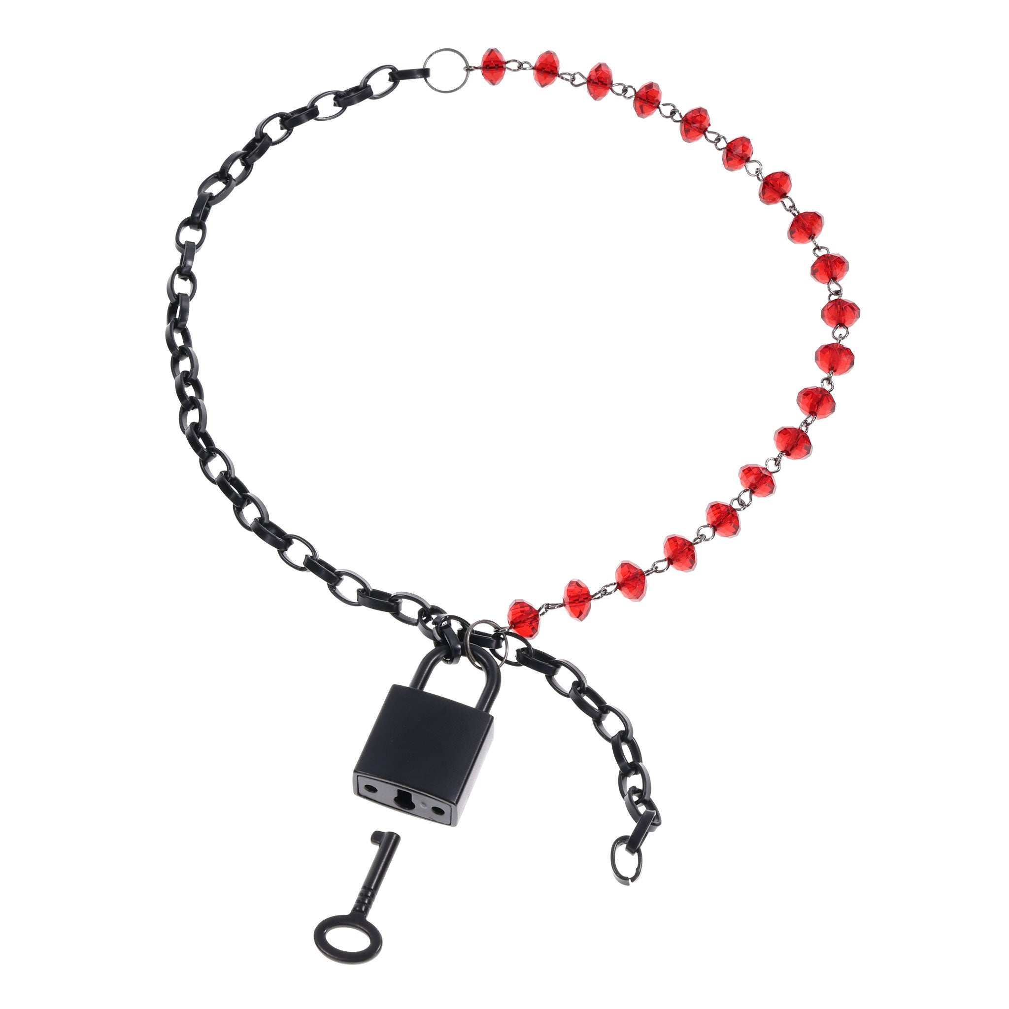 Zinc-iron alloy metal metallic chain crystal day-collar collar choker jewelry bracelet necklace versatile adjustable lock pad-lock padlock bondage bdsm bdsm-gear domination submission submissive ownership discreet elegant bold fetish-fashion accessories red ruby-red black matte-black 