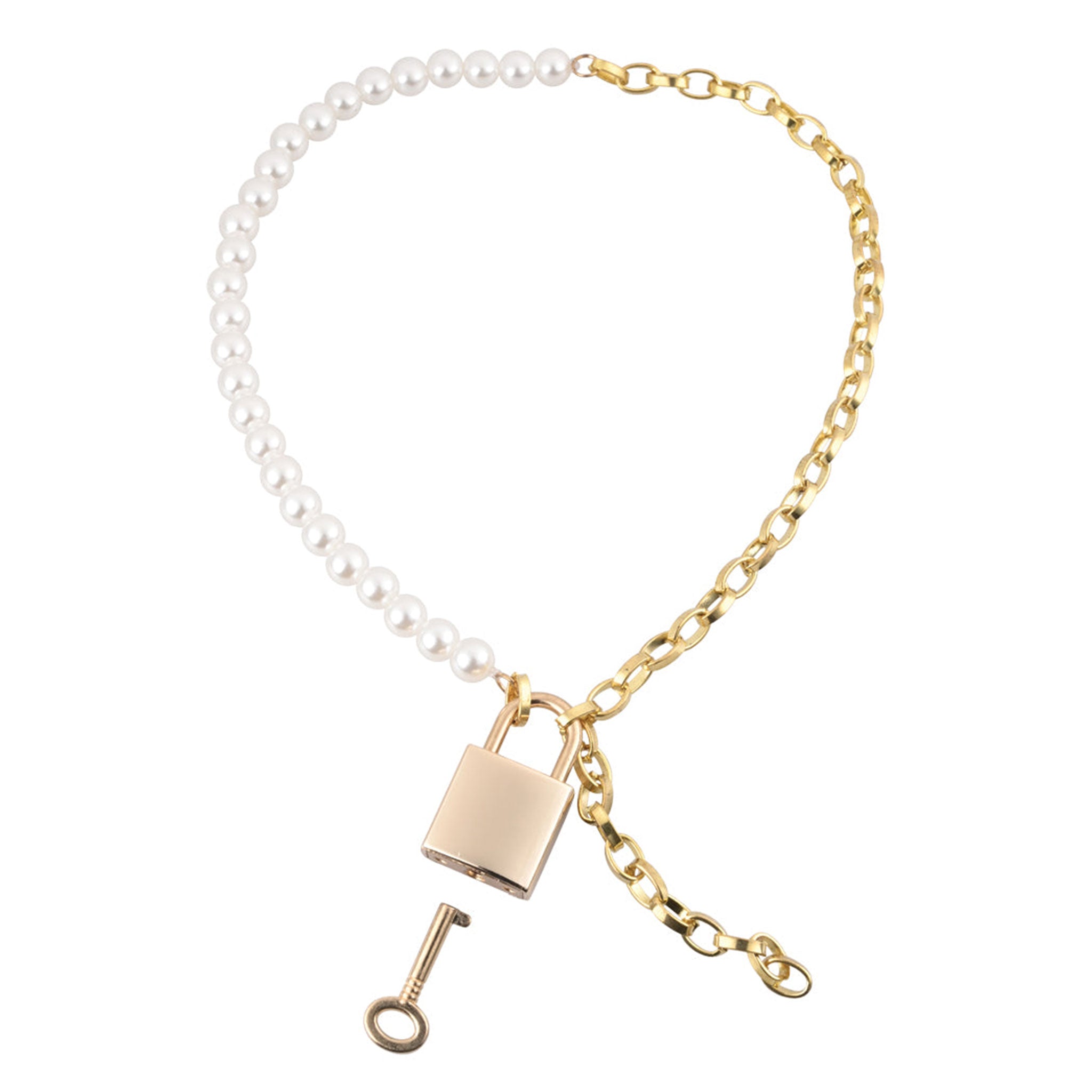 Metallic chain day-collar collar choker necklace bracelet versatile jewelry pearls faux adjustable half-and-half bondage bdsm bdsm-gear submission domination submissive luxury ownership owner discreet lock pad-lock accessories gold white