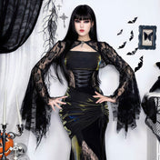 Polyester elastane lace sheer see-through see-thru acrylic apparel accessories top bolero long-sleeve sleeves sleeved bell-sleeve bat-wing batwing-sleeve scalloped gem-brooch brooch-pin sexy elegant breathable lightweight comfortable sophisticated stylish dramatic fetish fashion alt-fashion alternative goth gothic festival renfaire renaissance fantasy costume cosplay halloween halloween-accessories halloween-costumes vampire female femme feminine womens black