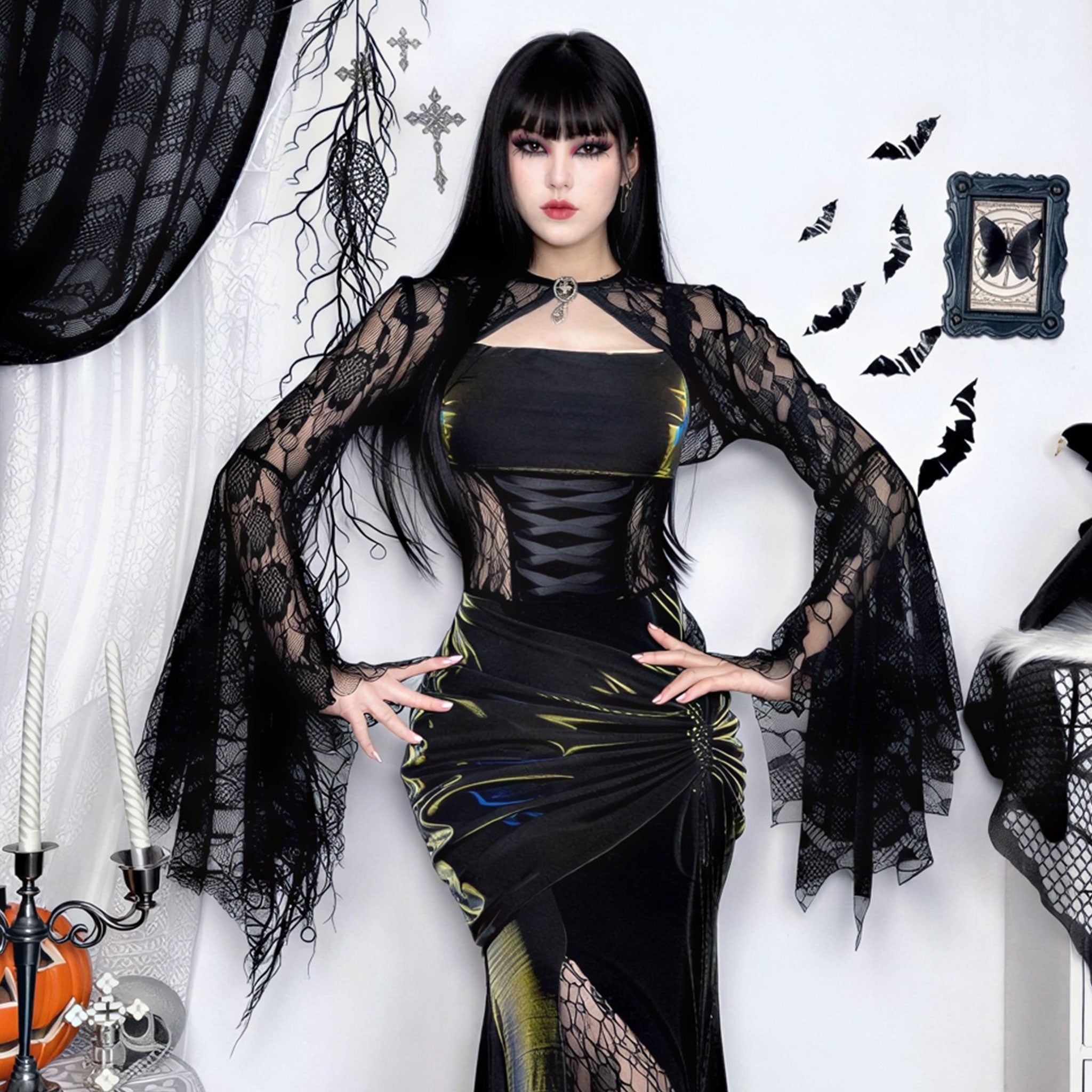 Polyester elastane lace sheer see-through see-thru acrylic apparel accessories top bolero long-sleeve sleeves sleeved bell-sleeve bat-wing batwing-sleeve scalloped gem-brooch brooch-pin sexy elegant breathable lightweight comfortable sophisticated stylish dramatic fetish fashion alt-fashion alternative goth gothic festival renfaire renaissance fantasy costume cosplay halloween halloween-accessories halloween-costumes vampire female femme feminine womens black
