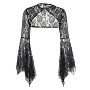 Polyester elastane lace sheer see-through see-thru acrylic apparel accessories top bolero long-sleeve sleeves sleeved bell-sleeve bat-wing batwing-sleeve scalloped gem-brooch brooch-pin sexy elegant breathable lightweight comfortable sophisticated stylish dramatic fetish fashion alt-fashion alternative goth gothic festival renfaire renaissance fantasy costume cosplay halloween halloween-accessories halloween-costumes vampire female femme feminine womens black