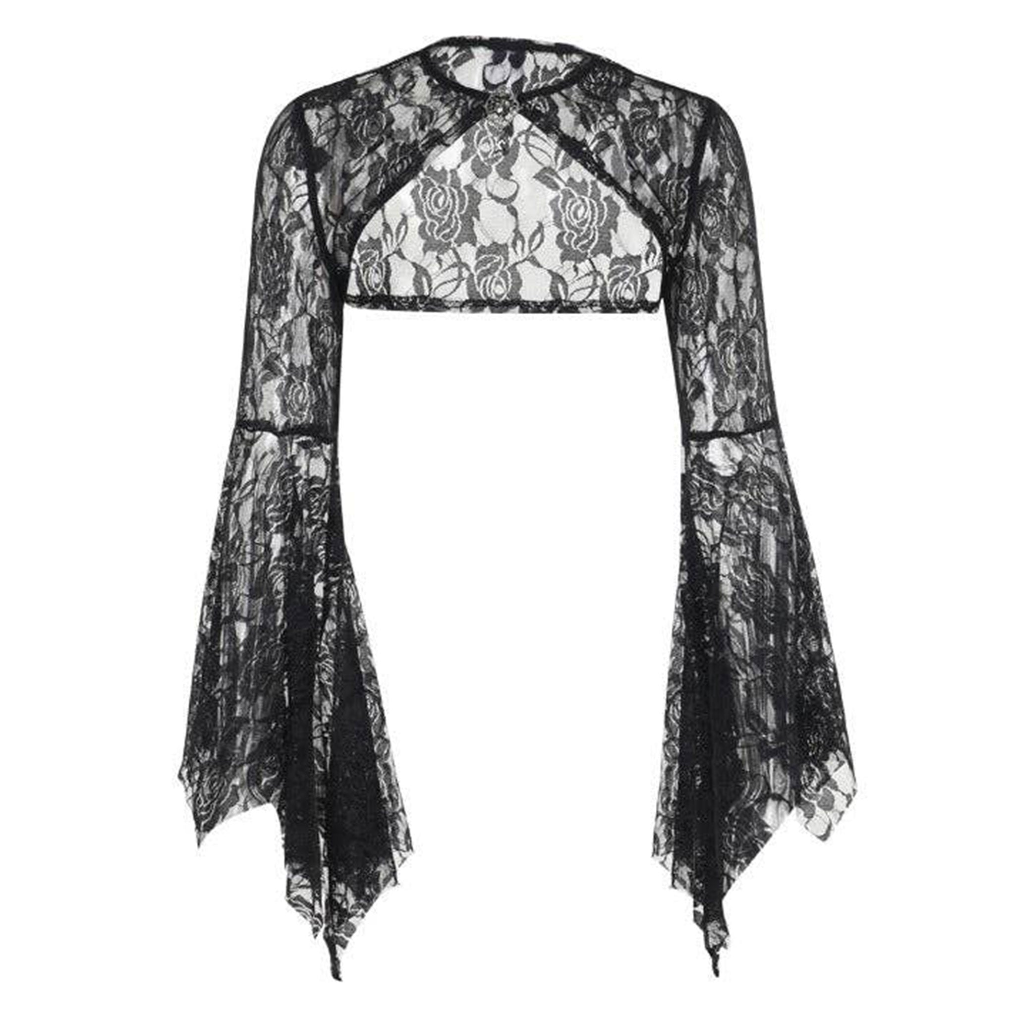 Polyester elastane lace sheer see-through see-thru acrylic apparel accessories top bolero long-sleeve sleeves sleeved bell-sleeve bat-wing batwing-sleeve scalloped gem-brooch brooch-pin sexy elegant breathable lightweight comfortable sophisticated stylish dramatic fetish fashion alt-fashion alternative goth gothic festival renfaire renaissance fantasy costume cosplay halloween halloween-accessories halloween-costumes vampire female femme feminine womens black