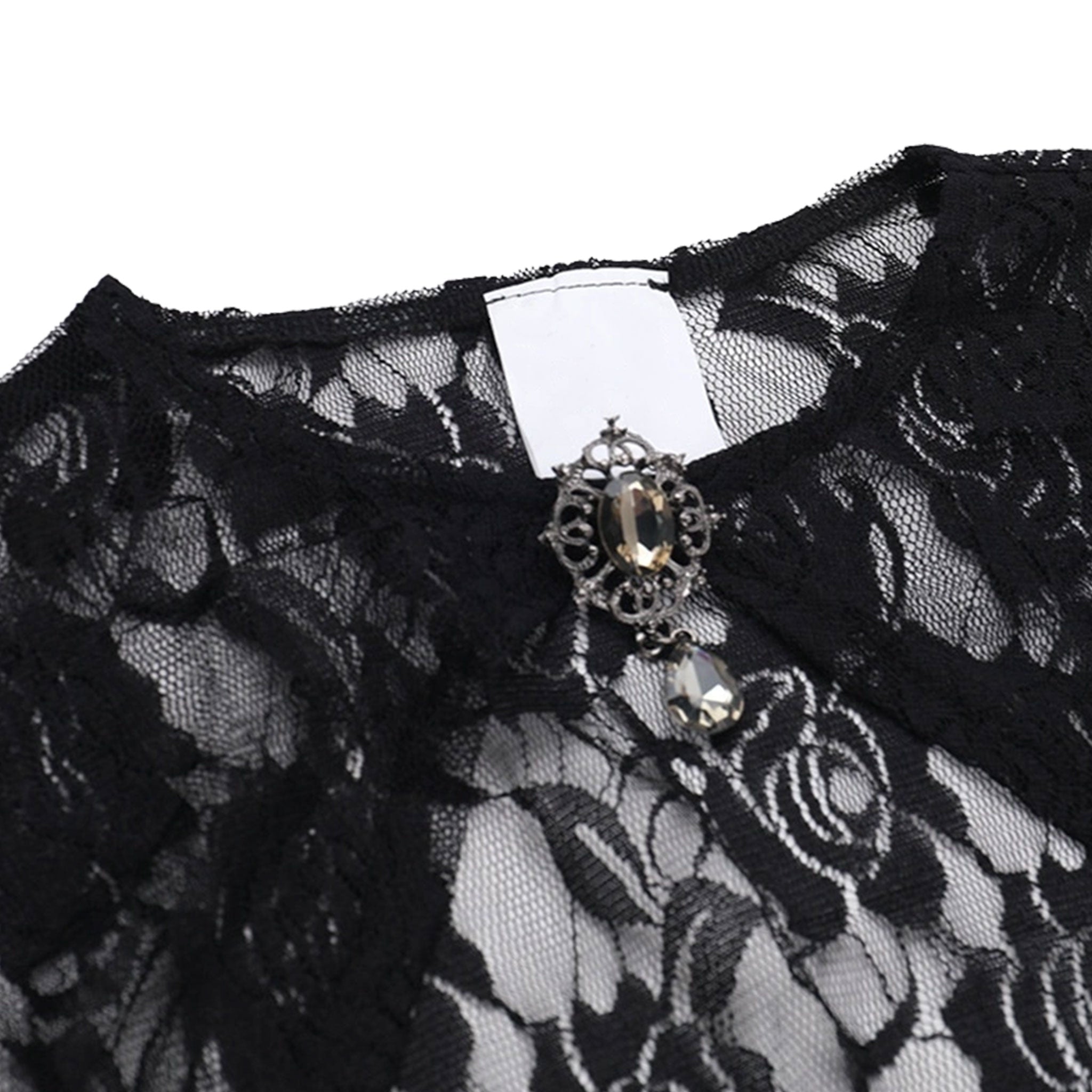 Polyester elastane lace sheer see-through see-thru acrylic apparel accessories top bolero long-sleeve sleeves sleeved bell-sleeve bat-wing batwing-sleeve scalloped gem-brooch brooch-pin sexy elegant breathable lightweight comfortable sophisticated stylish dramatic fetish fashion alt-fashion alternative goth gothic festival renfaire renaissance fantasy costume cosplay halloween halloween-accessories halloween-costumes vampire female femme feminine womens black