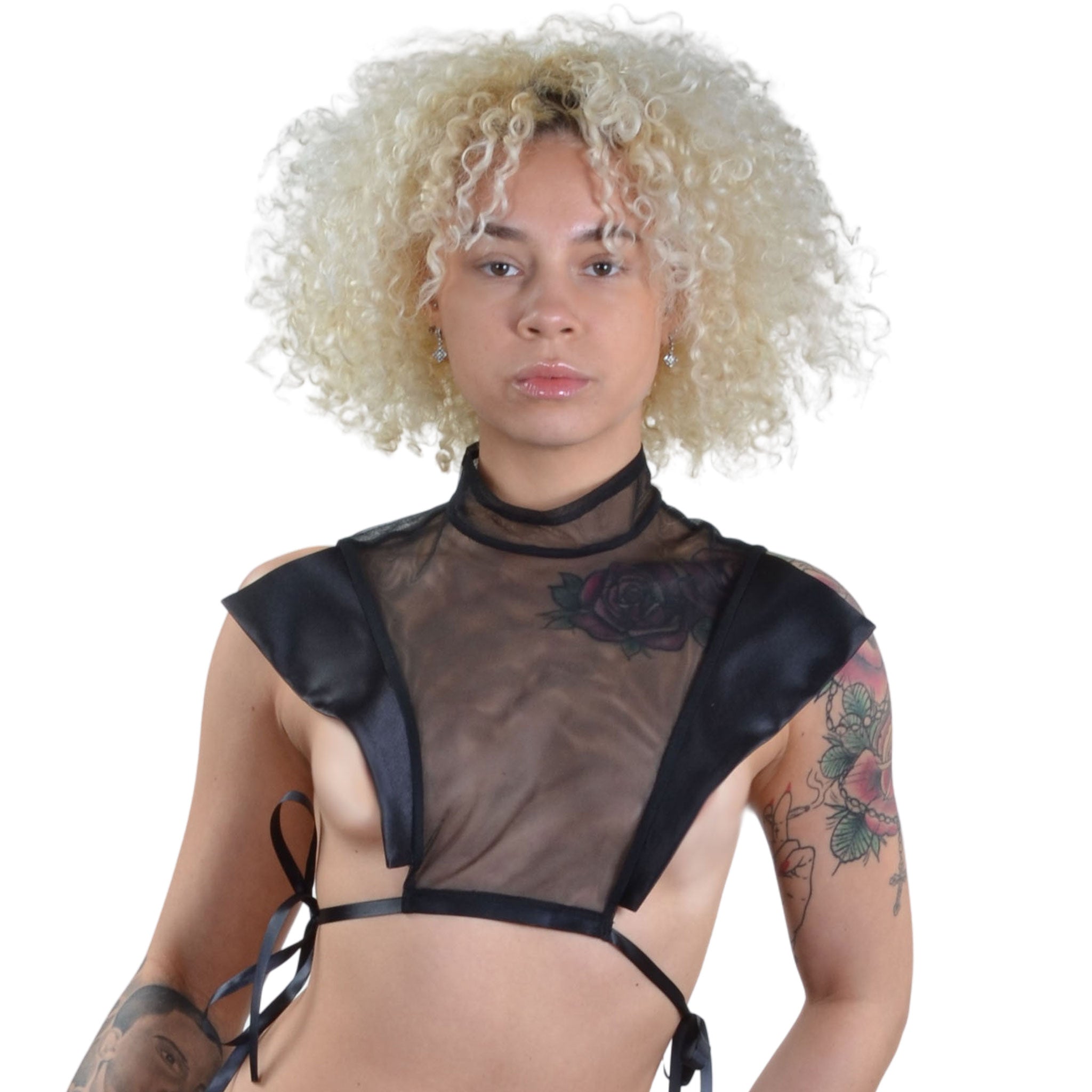 Mesh sheer transparent top lapels panels wide high-collar collar side-ties ribbon lateral satin three-quarter-zip zipper tuxedo sexy classy black
