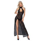 Sheer Leopard Front Slit Halter Maxi Dress QUEEN