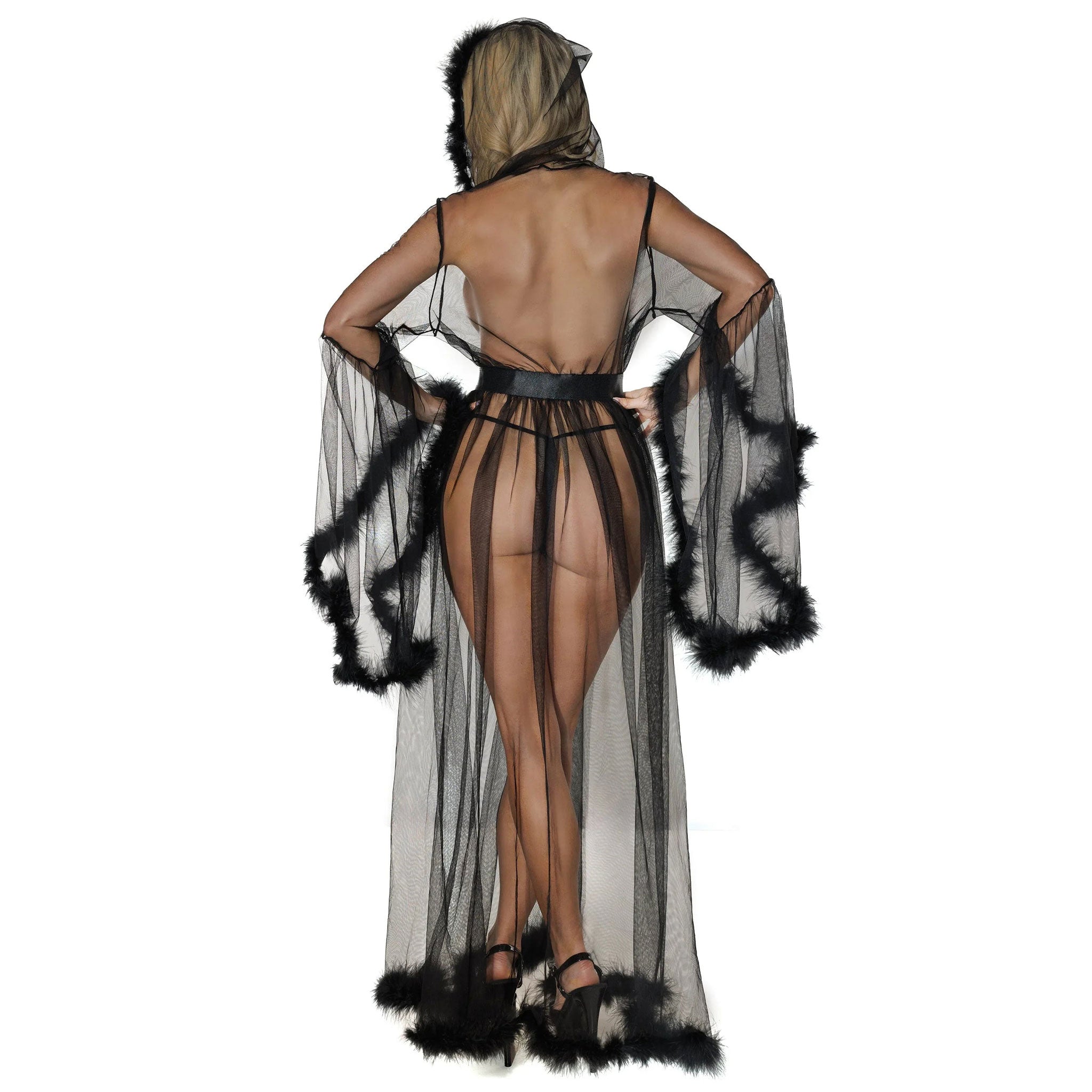 Polyester mesh sheer semi-transparent seethru see-thru see-through feathers marabou apparel outerwear intimates lingerie negligee négligée déshabillé robe full-length long long-sleeve longsleeve sleeves sleeved bell-sleeve hood elastic-waist front-closure metal-closure glam glamorous retro lightweight airy fetish fashion alt-fashion mid-century bedroom sexy-rebel holiday-lingerie female femme feminine womens black