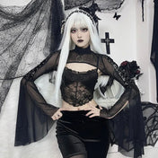 Spandex polyester sheer mesh PVC vinyl apparel tops bolero long-sleeve longsleeve sleeves sleeved bell-sleeves flared-sleeves round-neck high-collar high-neck mock-turtleneck O-ring lace-up laceup-shoulders trendy fitted breathable stretchy chic versatile elegant comfortable lightweight fashion alt-fashion alternative street-style street-fashion punk goth gothic casual date-night costume cosplay halloween female femme feminine womens black