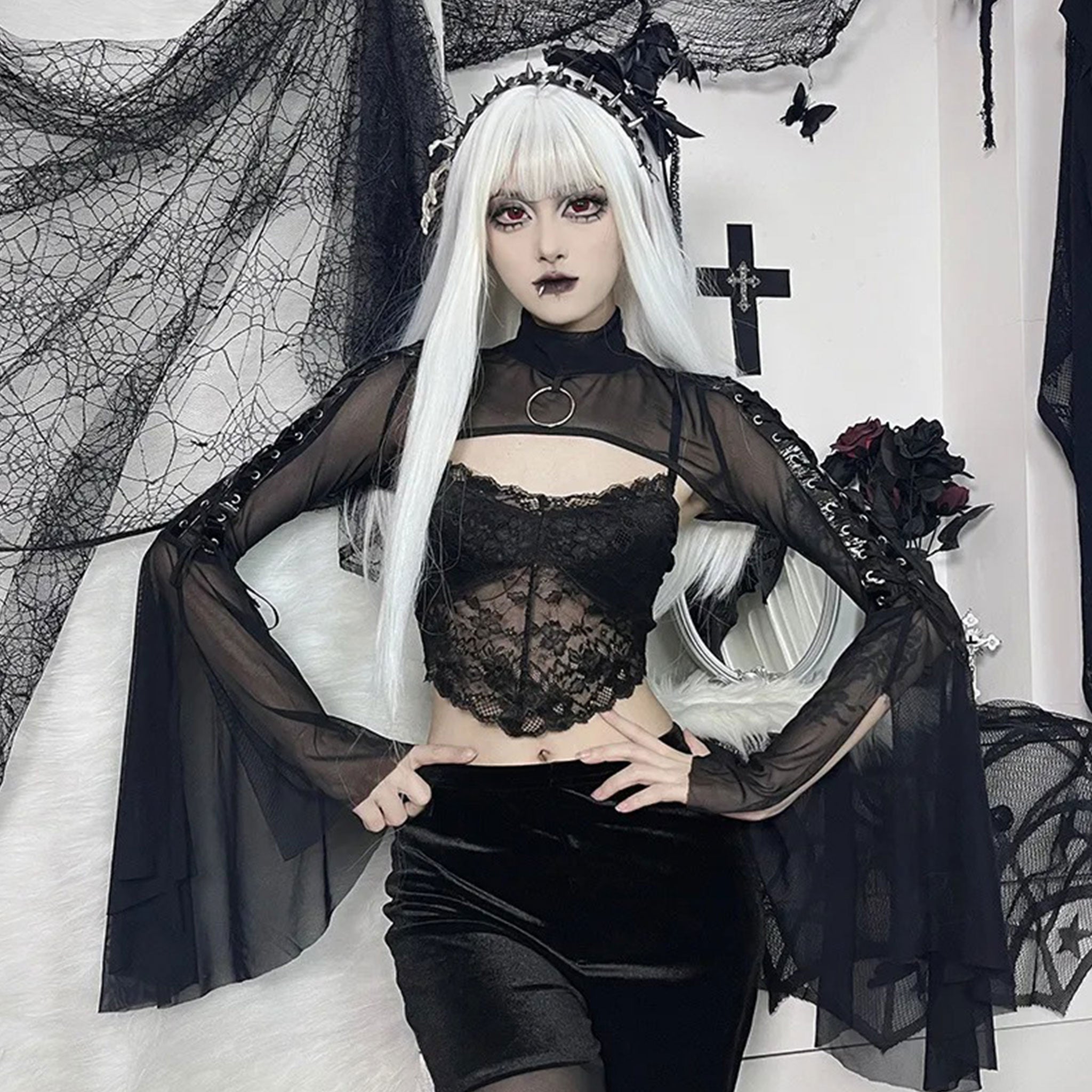 Spandex polyester sheer mesh PVC vinyl apparel tops bolero long-sleeve longsleeve sleeves sleeved bell-sleeves flared-sleeves round-neck high-collar high-neck mock-turtleneck O-ring lace-up laceup-shoulders trendy fitted breathable stretchy chic versatile elegant comfortable lightweight fashion alt-fashion alternative street-style street-fashion punk goth gothic casual date-night costume cosplay halloween female femme feminine womens black