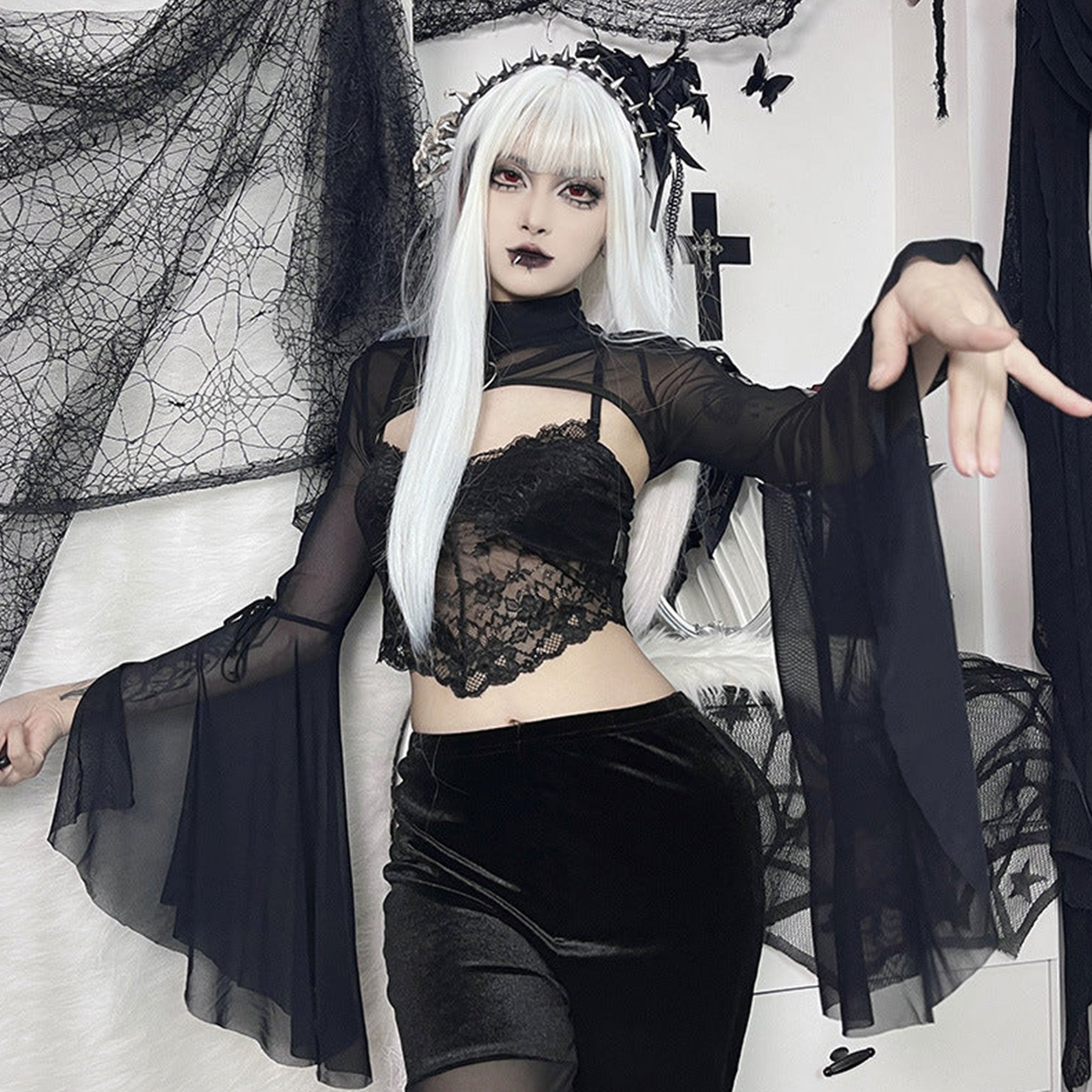 Spandex polyester sheer mesh PVC vinyl apparel tops bolero long-sleeve longsleeve sleeves sleeved bell-sleeves flared-sleeves round-neck high-collar high-neck mock-turtleneck O-ring lace-up laceup-shoulders trendy fitted breathable stretchy chic versatile elegant comfortable lightweight fashion alt-fashion alternative street-style street-fashion punk goth gothic casual date-night costume cosplay halloween female femme feminine womens black