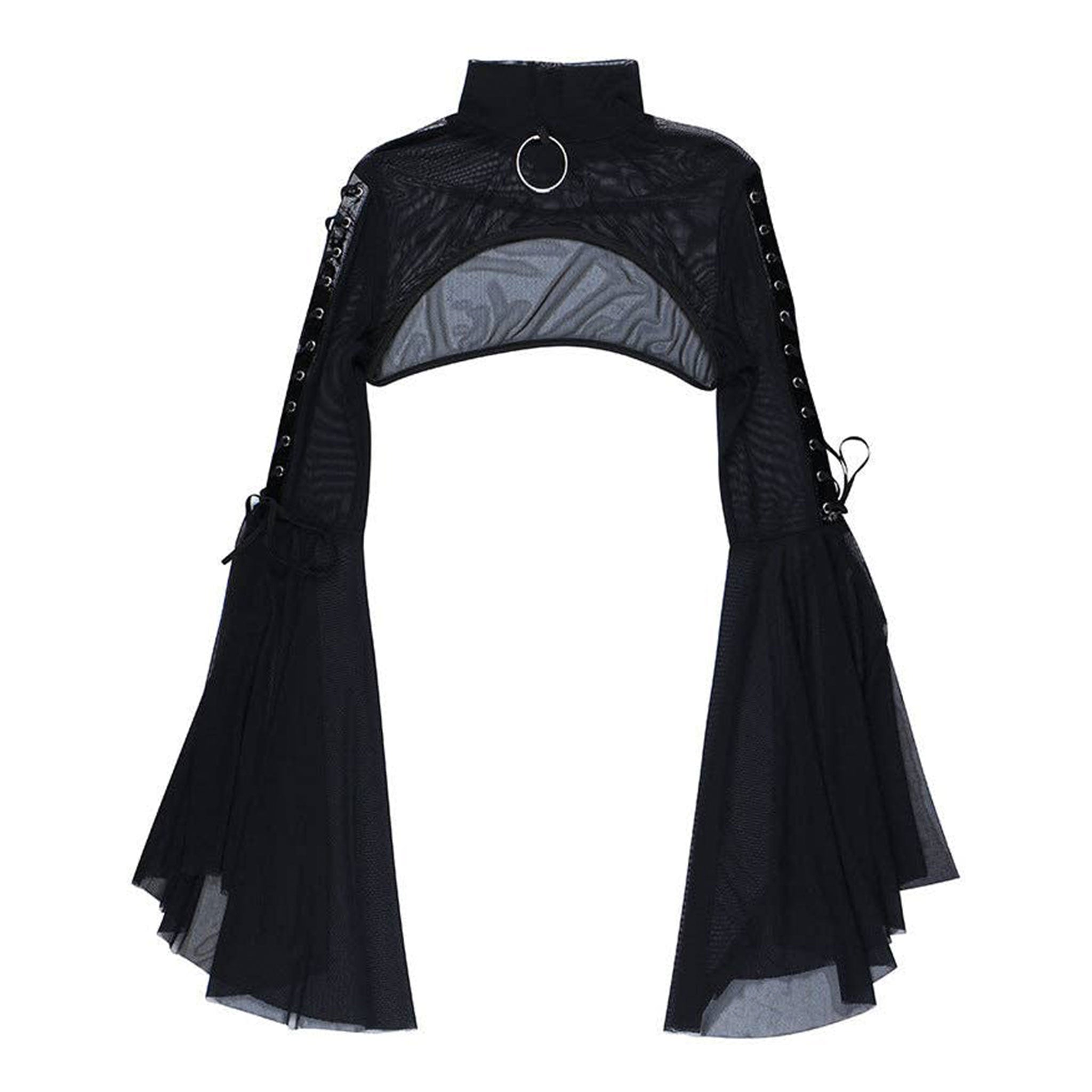 Spandex polyester sheer mesh PVC vinyl apparel tops bolero long-sleeve longsleeve sleeves sleeved bell-sleeves flared-sleeves round-neck high-collar high-neck mock-turtleneck O-ring lace-up laceup-shoulders trendy fitted breathable stretchy chic versatile elegant comfortable lightweight fashion alt-fashion alternative street-style street-fashion punk goth gothic casual date-night costume cosplay halloween female femme feminine womens black