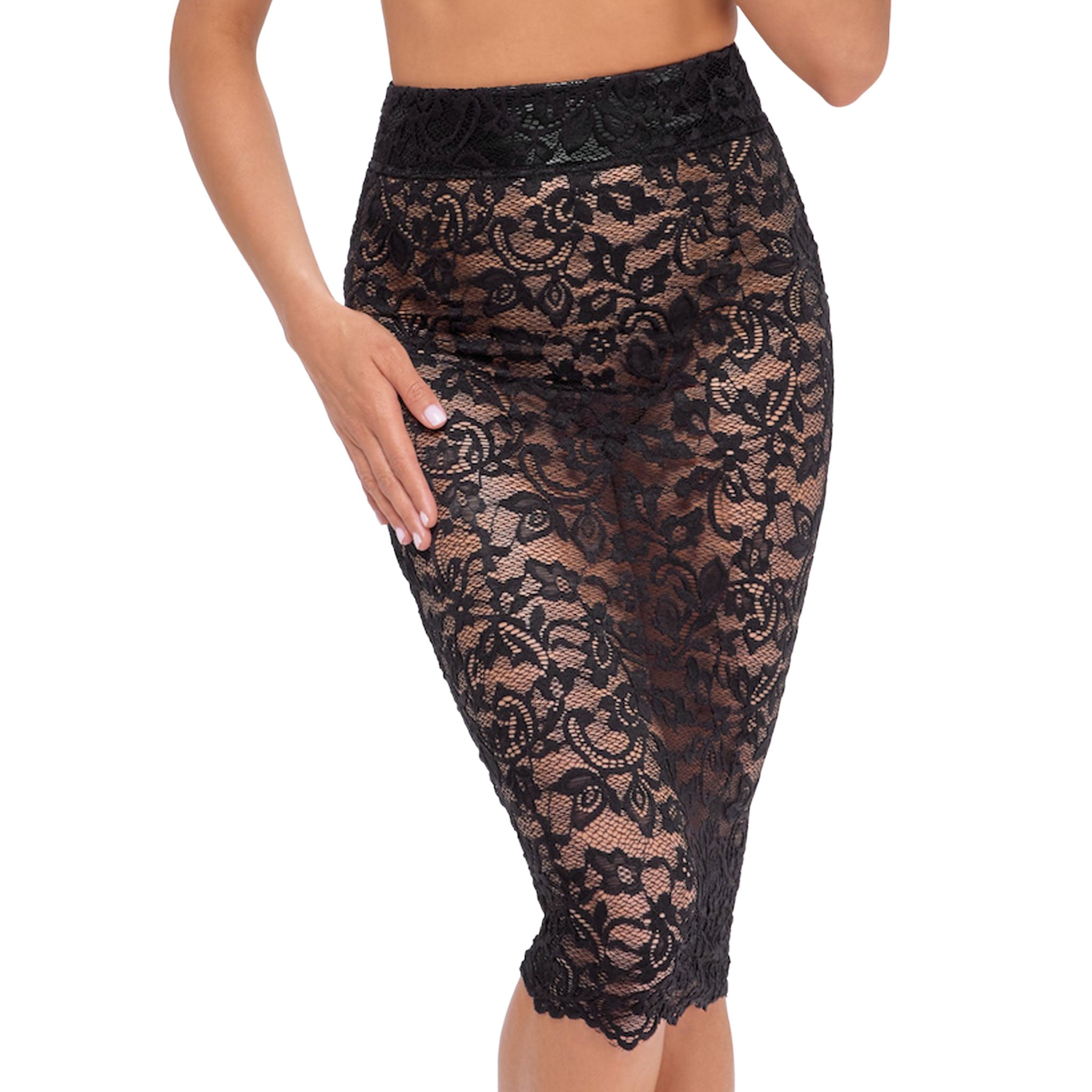 Lace floral-lace polyamide elastane seethru see-thru see-through semi-transparent sheer apparel skirt midi midi-skirt scalloped-hem lace-up back-lacing adjustable pull-on wide-waistband sexy elegant stretchy inviting peek-a-boo peekaboo romantic seductive intimate fetish fashion alt-fashion high-end clubwear party party-girl sexy-rebel female femme feminine women black noir 