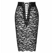 Lace floral-lace polyamide elastane seethru see-thru see-through semi-transparent sheer apparel skirt midi midi-skirt scalloped-hem lace-up back-lacing adjustable pull-on wide-waistband sexy elegant stretchy inviting peek-a-boo peekaboo romantic seductive intimate fetish fashion alt-fashion high-end clubwear party party-girl sexy-rebel female femme feminine women black noir 