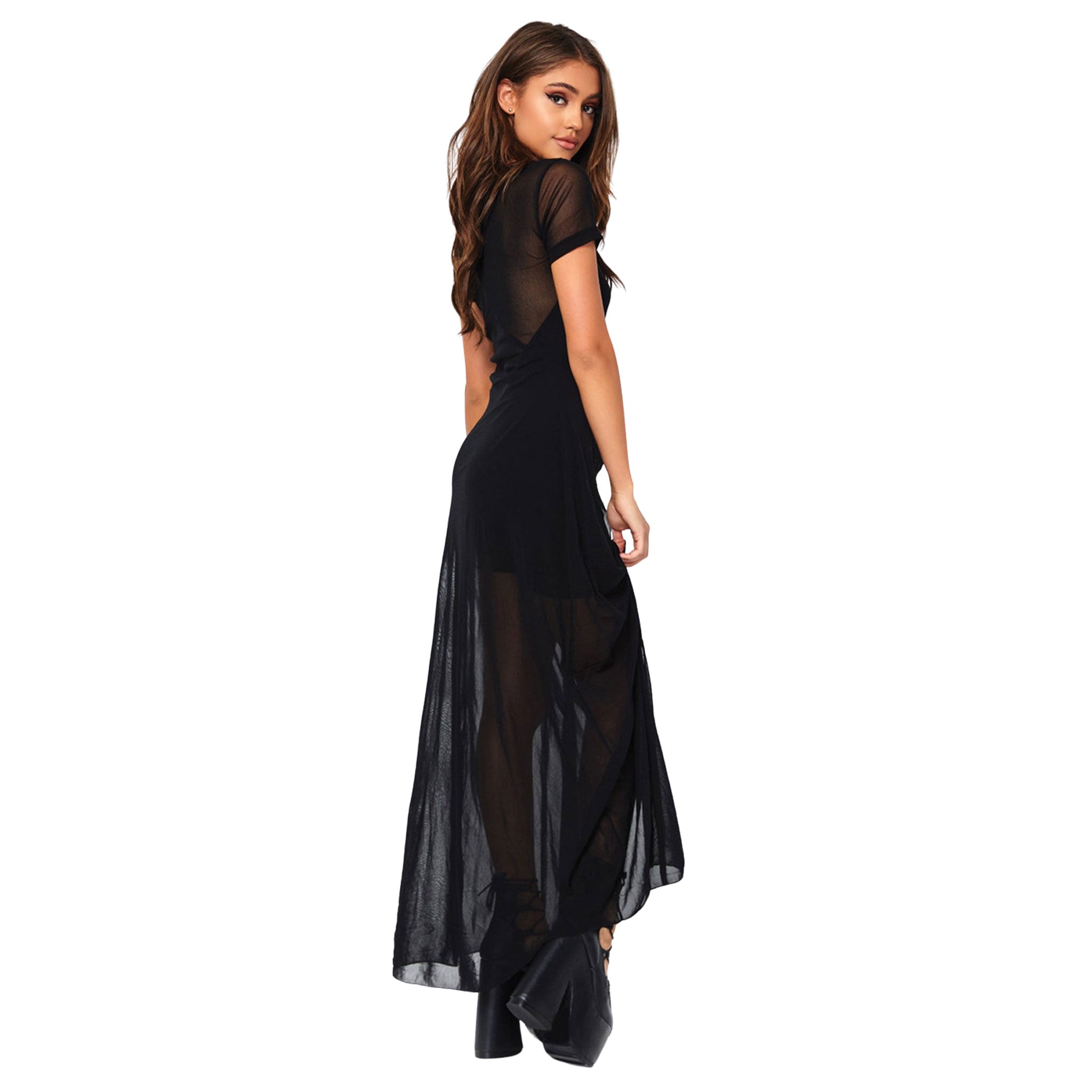 Nylon dress sheer mesh transparent long maxi maxi-dress high-slit short-sleeve sleeves sleeved shortsleeve scoop-neck curve-hugging dark sexy elegant goth gothic costume cosplay halloween DIY rave ravewear festival festivalwear concert party layering layerable female femme feminine womens black