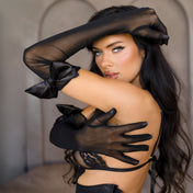 Spandex polyester sheer satin accessories handwear gloves long opera-length satin-bow bold sophisticated naughty breathable elegant fashion alt-fashion alternative fancy classy loli lolita kink kinky kinkwear sensory sensory-play costume cosplay halloween sailor-moon kawaii female femme feminine womens black