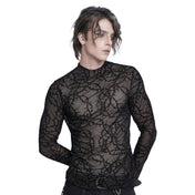 Polyester elastane sheer see-thru see-through transparent apparel tops shirt long-sleeve longsleeve sleeves sleeved mock-turtleneck high-collar thorn-pattern velvet-flocking stretchy sexy fitted soft bold layered edgy fetish fashion alt-fashion rock punk goth gothic clubbing clubwear dark streetwear festival concert costume cosplay halloween male masculine masc mens guys dudes unisex black