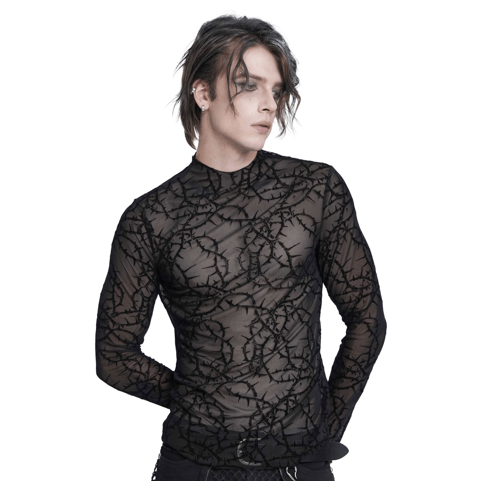Polyester elastane sheer see-thru see-through transparent apparel tops shirt long-sleeve longsleeve sleeves sleeved mock-turtleneck high-collar thorn-pattern velvet-flocking stretchy sexy fitted soft bold layered edgy fetish fashion alt-fashion rock punk goth gothic clubbing clubwear dark streetwear festival concert costume cosplay halloween male masculine masc mens guys dudes unisex black
