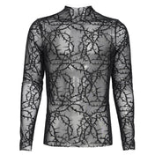 Polyester elastane sheer see-thru see-through transparent apparel tops shirt long-sleeve longsleeve sleeves sleeved mock-turtleneck high-collar thorn-pattern velvet-flocking stretchy sexy fitted soft bold layered edgy fetish fashion alt-fashion rock punk goth gothic clubbing clubwear dark streetwear festival concert costume cosplay halloween male masculine masc mens guys dudes unisex black