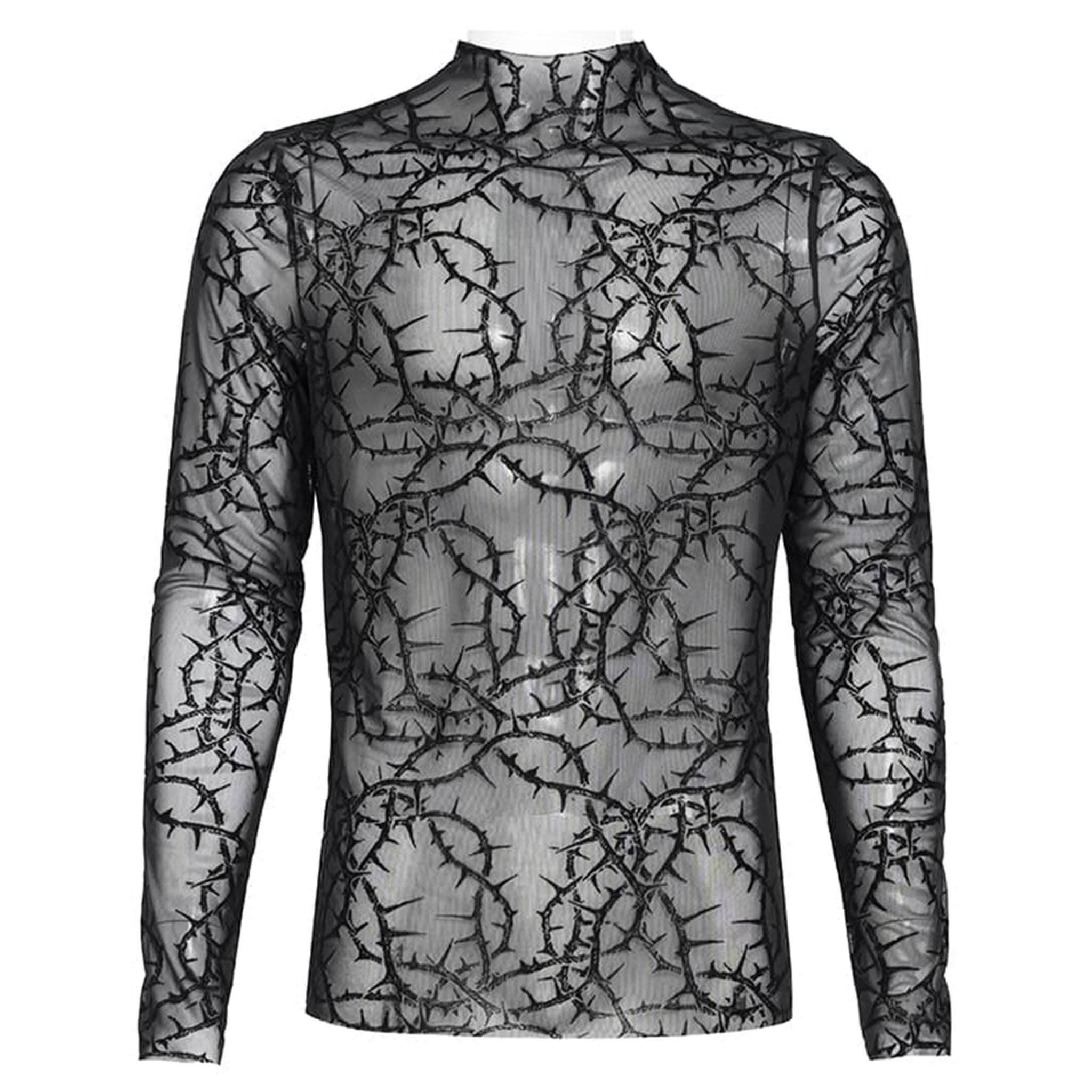 Polyester elastane sheer see-thru see-through transparent apparel tops shirt long-sleeve longsleeve sleeves sleeved mock-turtleneck high-collar thorn-pattern velvet-flocking stretchy sexy fitted soft bold layered edgy fetish fashion alt-fashion rock punk goth gothic clubbing clubwear dark streetwear festival concert costume cosplay halloween male masculine masc mens guys dudes unisex black