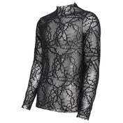 Polyester elastane sheer see-thru see-through transparent apparel tops shirt long-sleeve longsleeve sleeves sleeved mock-turtleneck high-collar thorn-pattern velvet-flocking stretchy sexy fitted soft bold layered edgy fetish fashion alt-fashion rock punk goth gothic clubbing clubwear dark streetwear festival concert costume cosplay halloween male masculine masc mens guys dudes unisex black