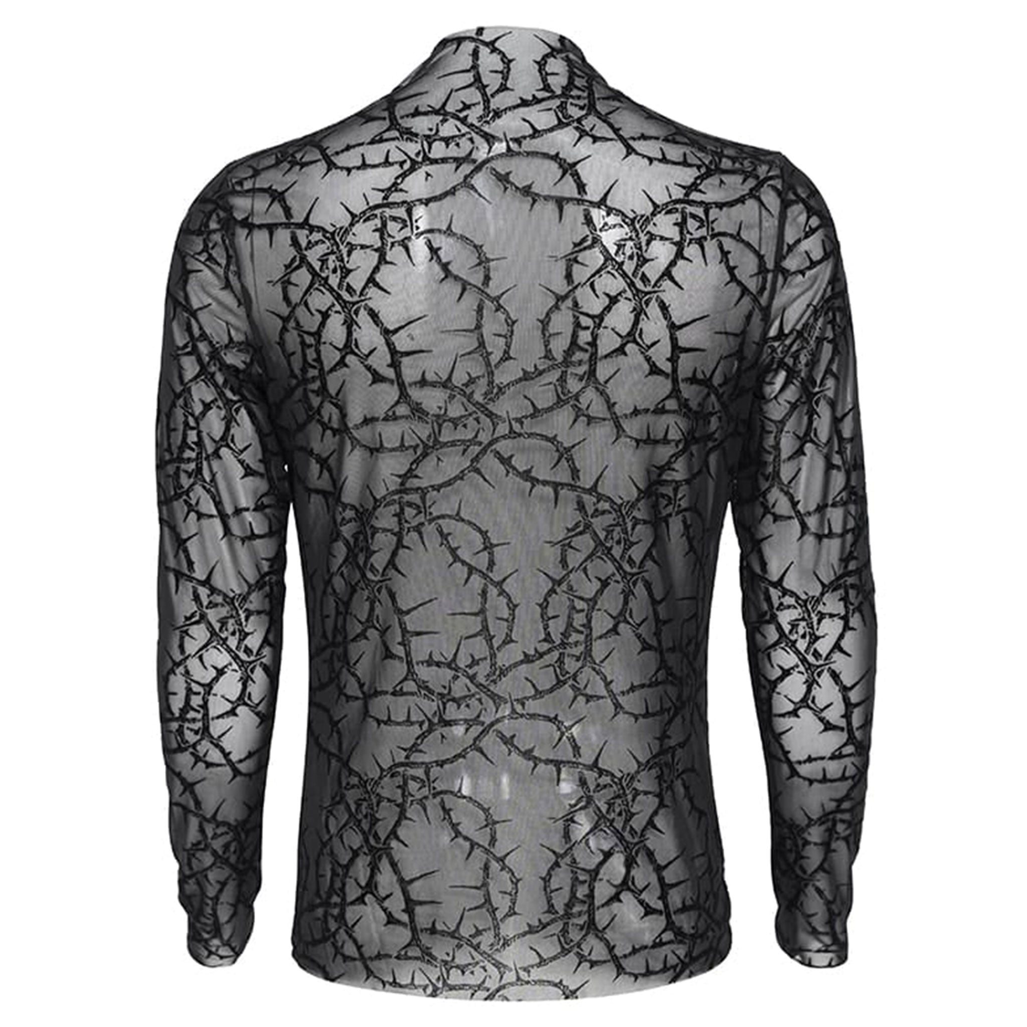 Polyester elastane sheer see-thru see-through transparent apparel tops shirt long-sleeve longsleeve sleeves sleeved mock-turtleneck high-collar thorn-pattern velvet-flocking stretchy sexy fitted soft bold layered edgy fetish fashion alt-fashion rock punk goth gothic clubbing clubwear dark streetwear festival concert costume cosplay halloween male masculine masc mens guys dudes unisex black