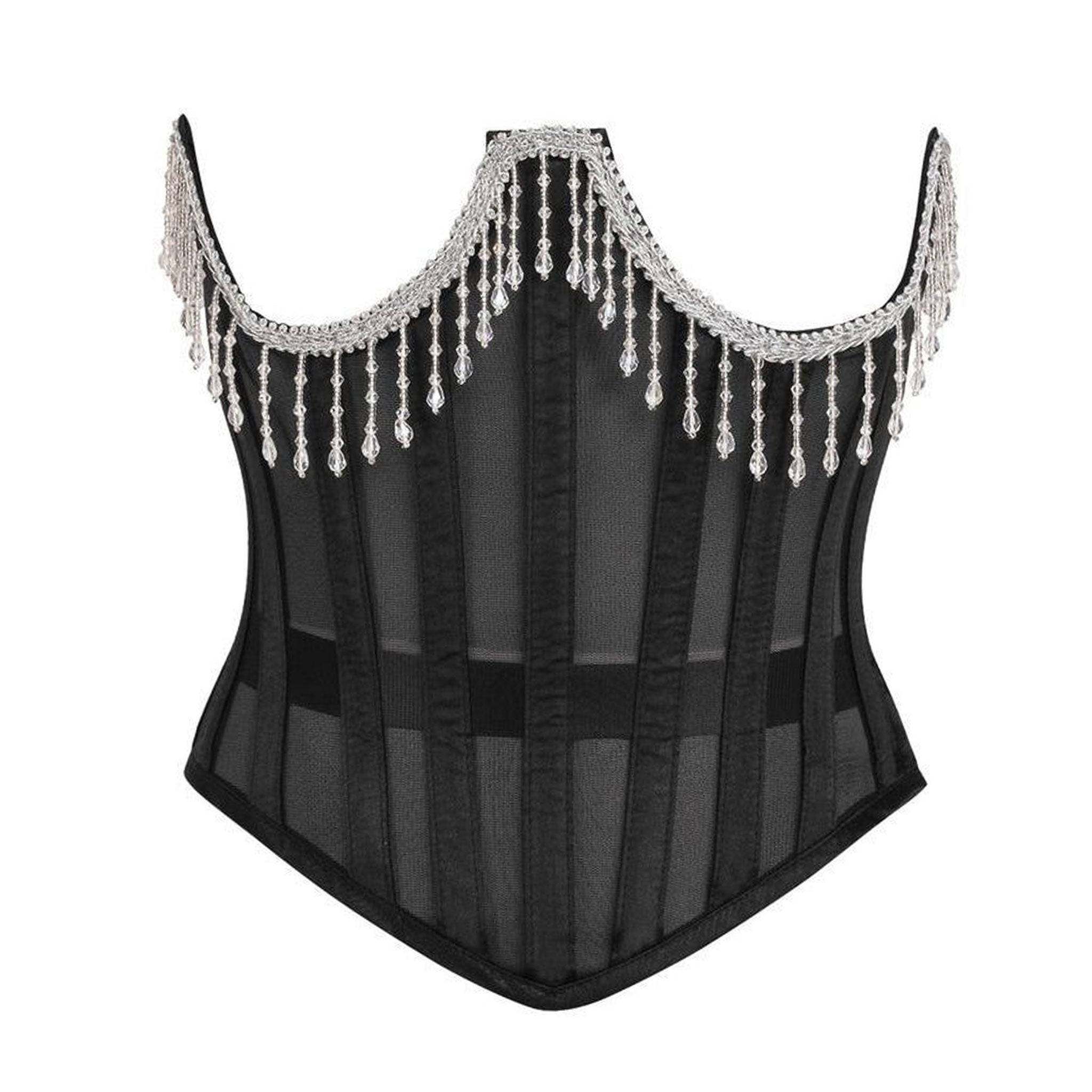 Mesh sheer transparent nickel-brass apparel tops corset cincher underbust under-bust boning spiral-steel static sleeveless strapless lace-up satin-ribbon side-zip zipper waist-cincher adjustable beaded-fringe garter-loops delicate bold sultry elegant edgy glamorous alluring support luxurious dramatic drama fetish fashion alt-fashion goth gothic burlesque rebel costume cosplay halloween female femme feminine women dames black silver