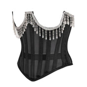 Mesh sheer transparent nickel-brass apparel tops corset cincher underbust under-bust boning spiral-steel static sleeveless strapless lace-up satin-ribbon side-zip zipper waist-cincher adjustable beaded-fringe garter-loops delicate bold sultry elegant edgy glamorous alluring support luxurious dramatic drama fetish fashion alt-fashion goth gothic burlesque rebel costume cosplay halloween female femme feminine women dames black silver