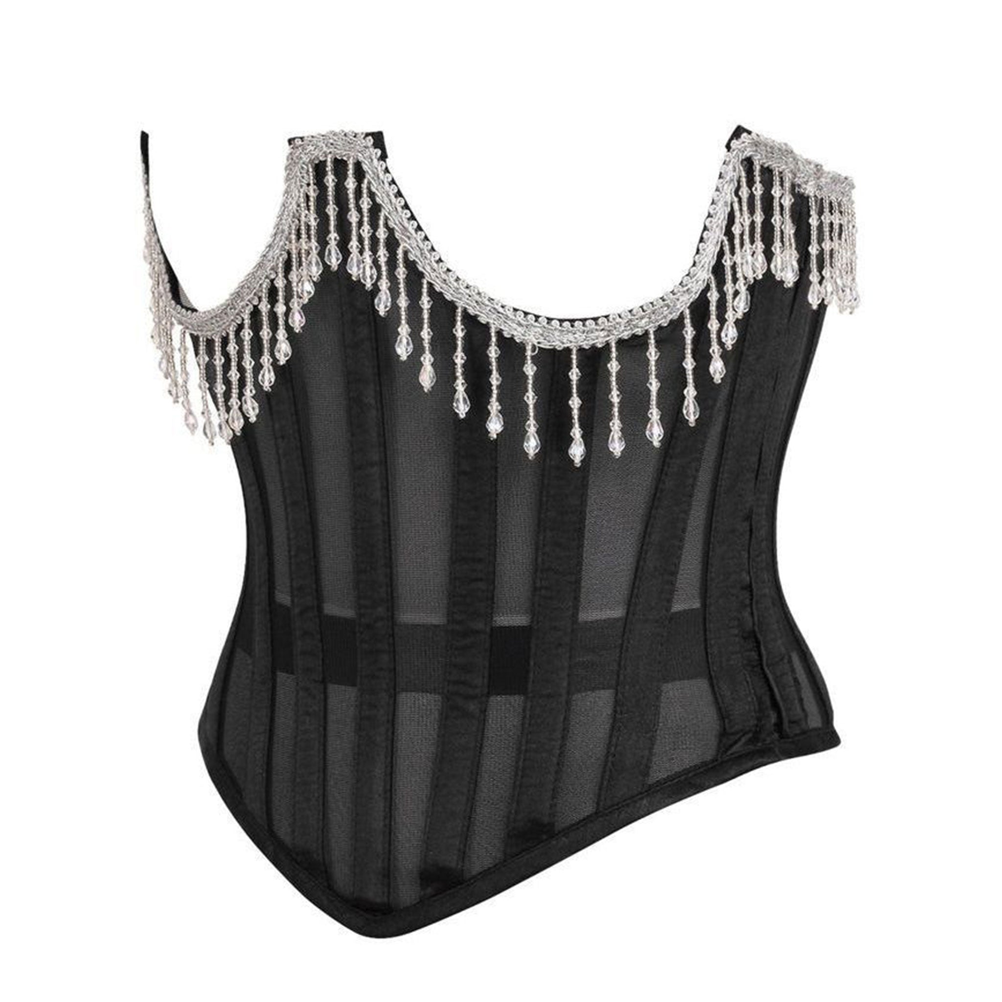 Mesh sheer transparent nickel-brass apparel tops corset cincher underbust under-bust boning spiral-steel static sleeveless strapless lace-up satin-ribbon side-zip zipper waist-cincher adjustable beaded-fringe garter-loops delicate bold sultry elegant edgy glamorous alluring support luxurious dramatic drama fetish fashion alt-fashion goth gothic burlesque rebel costume cosplay halloween female femme feminine women dames black silver