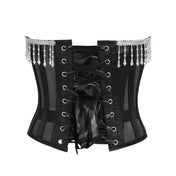 Mesh sheer transparent nickel-brass apparel tops corset cincher underbust under-bust boning spiral-steel static sleeveless strapless lace-up satin-ribbon side-zip zipper waist-cincher adjustable beaded-fringe garter-loops delicate bold sultry elegant edgy glamorous alluring support luxurious dramatic drama fetish fashion alt-fashion goth gothic burlesque rebel costume cosplay halloween female femme feminine women dames black silver