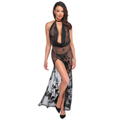 Sheer mesh elastic dress maxi open back velvet flocking trim collar flowy flowing leg-slit leg slit queen curvy black