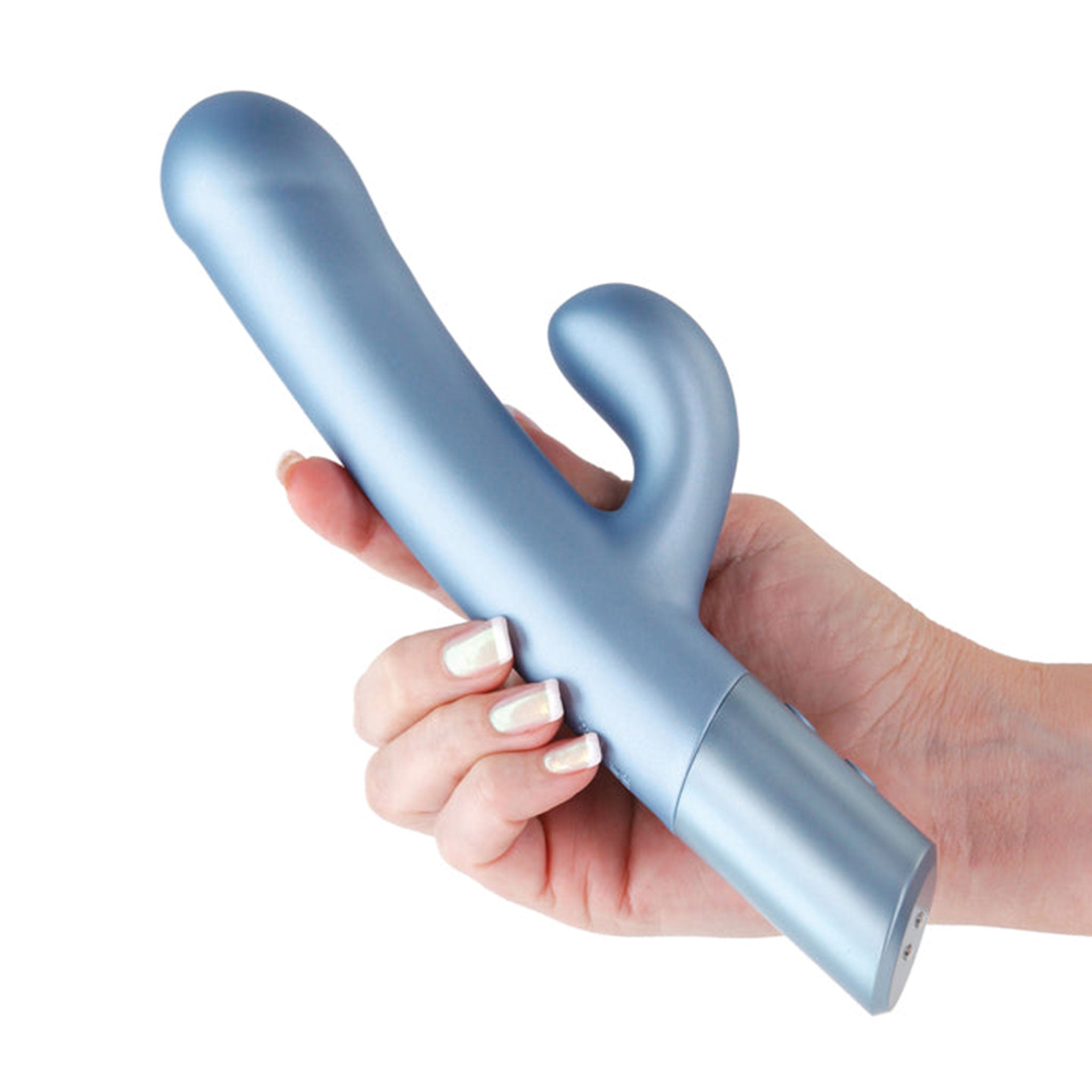 Silicone ABS-plastic body-safe phthalate-free accessories insertable vibe vibrating vibration vibrator rabbit curved-shaft rounded-head g-spot p-spot usb-rechargeable splashproof elegant shimmery plush metallic kink kinky kinky-toys adult-toys female femme feminine womens blue ice-blue