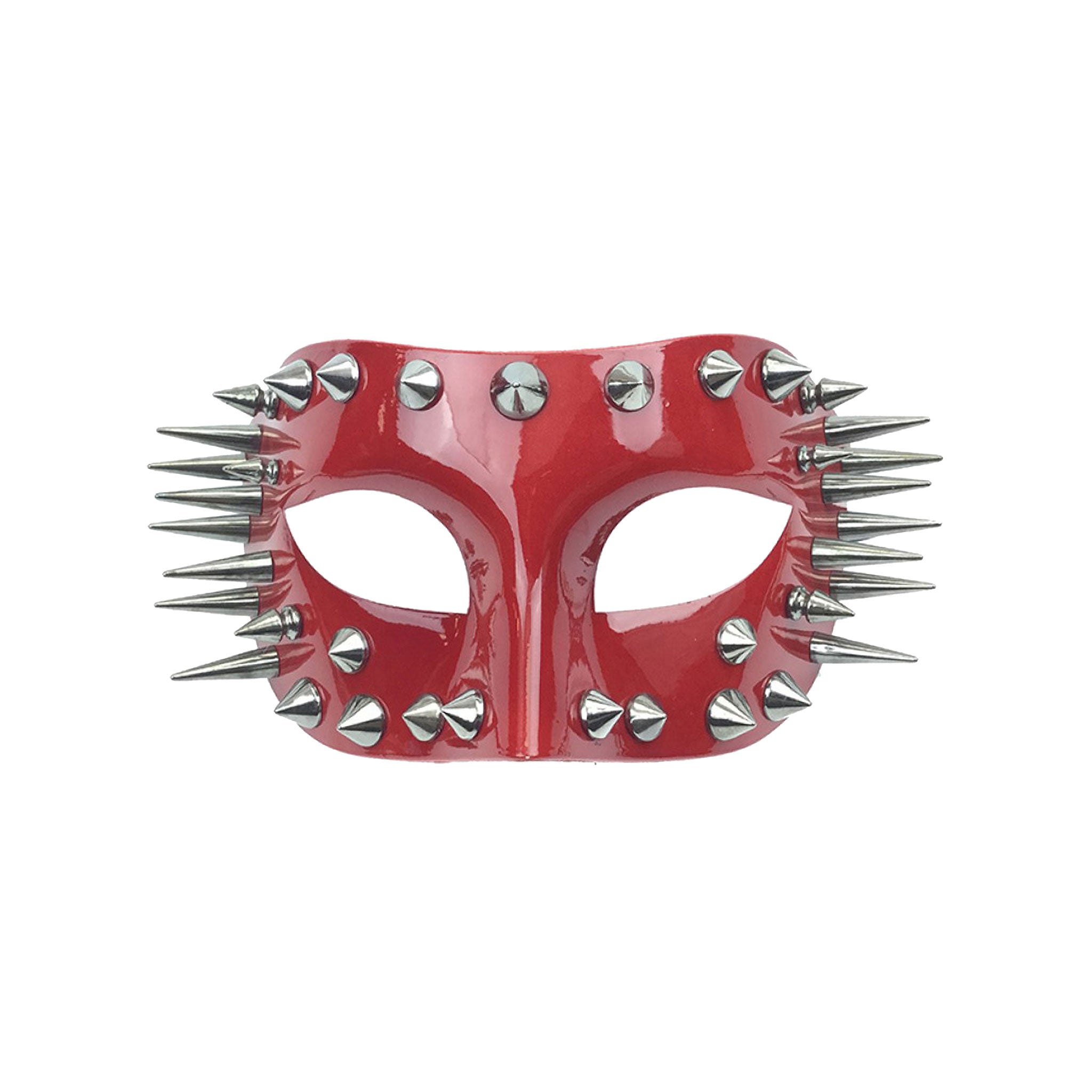 Resin molded molded-resin lacquered coated metallic elastic mask eye-mask spike spikes spiked conical-studs shiny glossy edgy fierce punk bold attitude drama standout rebel rebellious stylish style costume cosplay Halloween festival masquerade party masquerade-ball unisex red silver