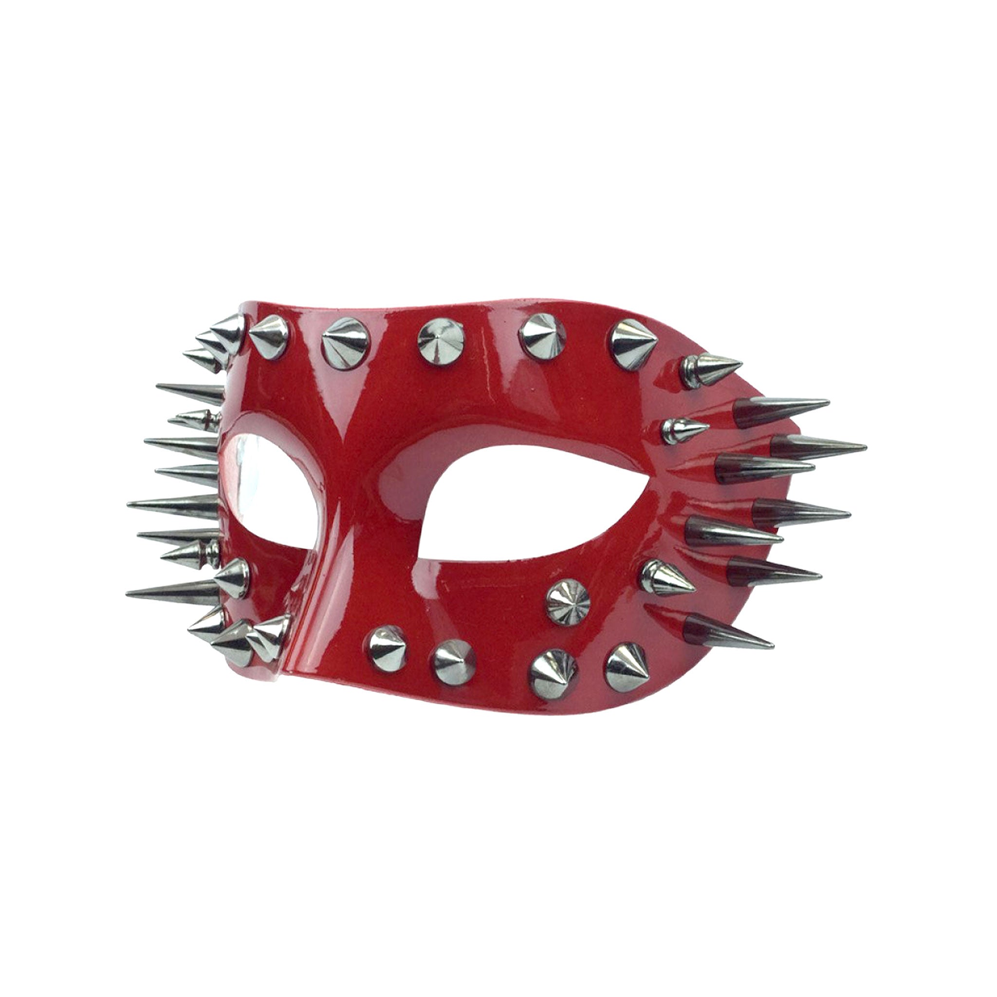 Resin molded molded-resin lacquered coated metallic elastic mask eye-mask spike spikes spiked conical-studs shiny glossy edgy fierce punk bold attitude drama standout rebel rebellious stylish style costume cosplay Halloween festival masquerade party masquerade-ball unisex red silver