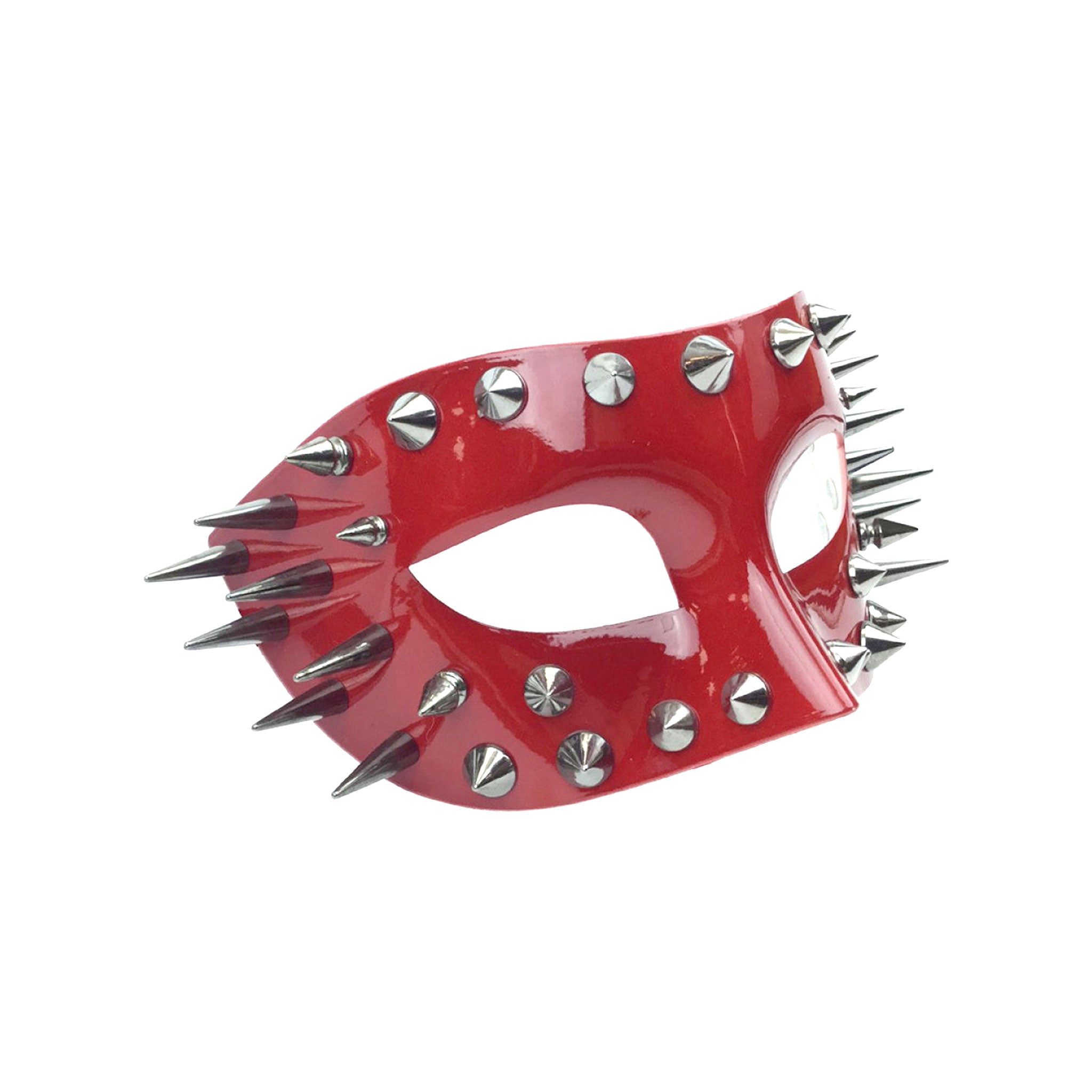 Resin molded molded-resin lacquered coated metallic elastic mask eye-mask spike spikes spiked conical-studs shiny glossy edgy fierce punk bold attitude drama standout rebel rebellious stylish style costume cosplay Halloween festival masquerade party masquerade-ball unisex red silver
