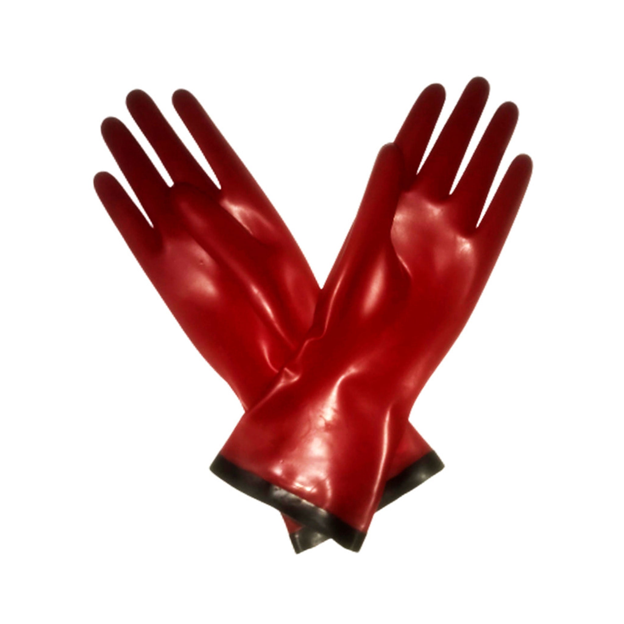 Latex molded moulded rubber gloves contrast trim female femme feminine women bdsm-gear fetish fashion alt-fashion accessories red black