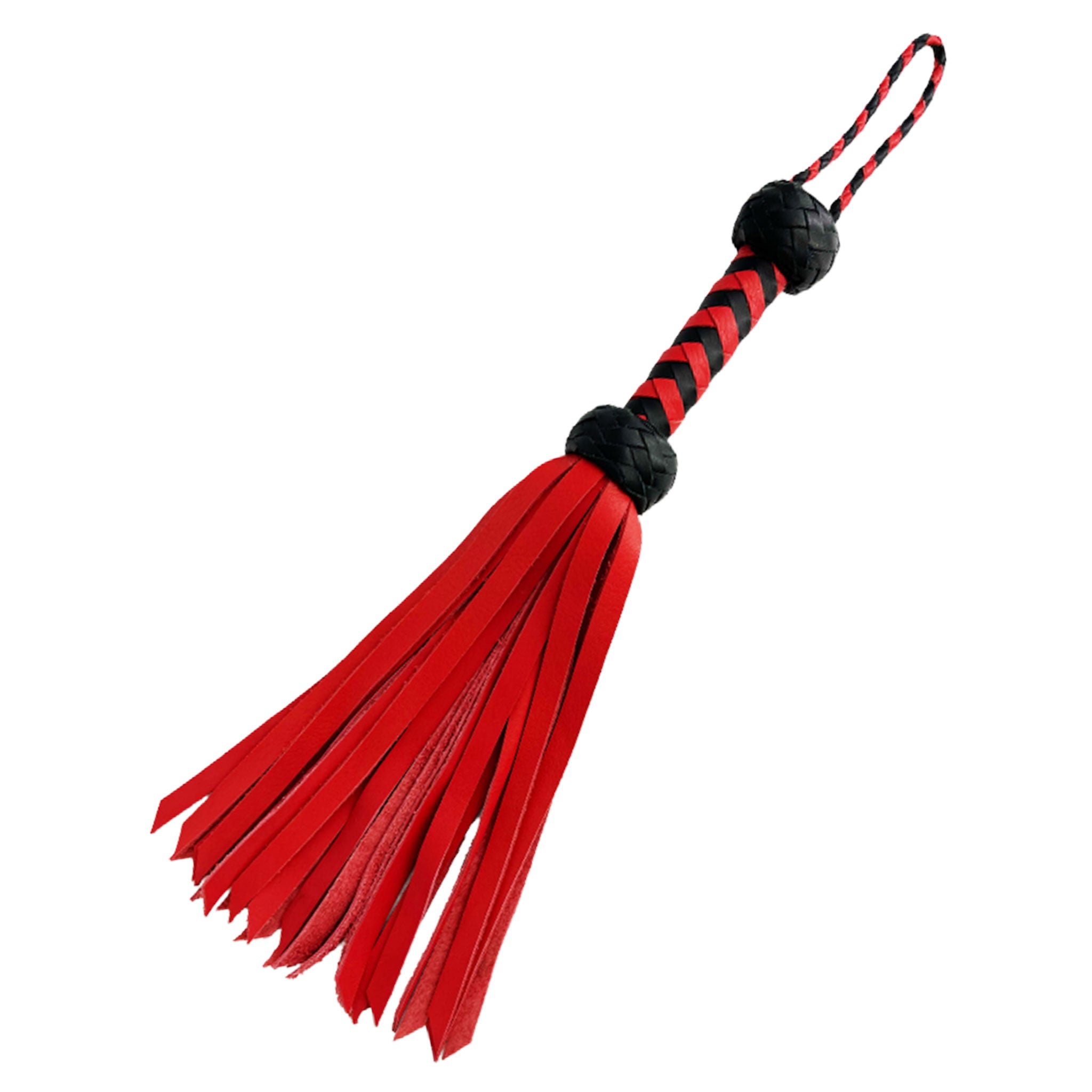 Leather genuine leather cowhide-leather flatgrain-leather flat-grain woven-leather accessories flogger short hanging-loop wrist-loop chisel-tipped light-flogging thuddy easy-grip bondage bdsm bdsm-gear bdsm-toys impact impact-play impact-toys kink kinky kinky-play sadist masochist sadomasochist sadism masochism sadomasochism spanking pain discipline valentines gifts be-mine unisex adult-toys red red-and-black