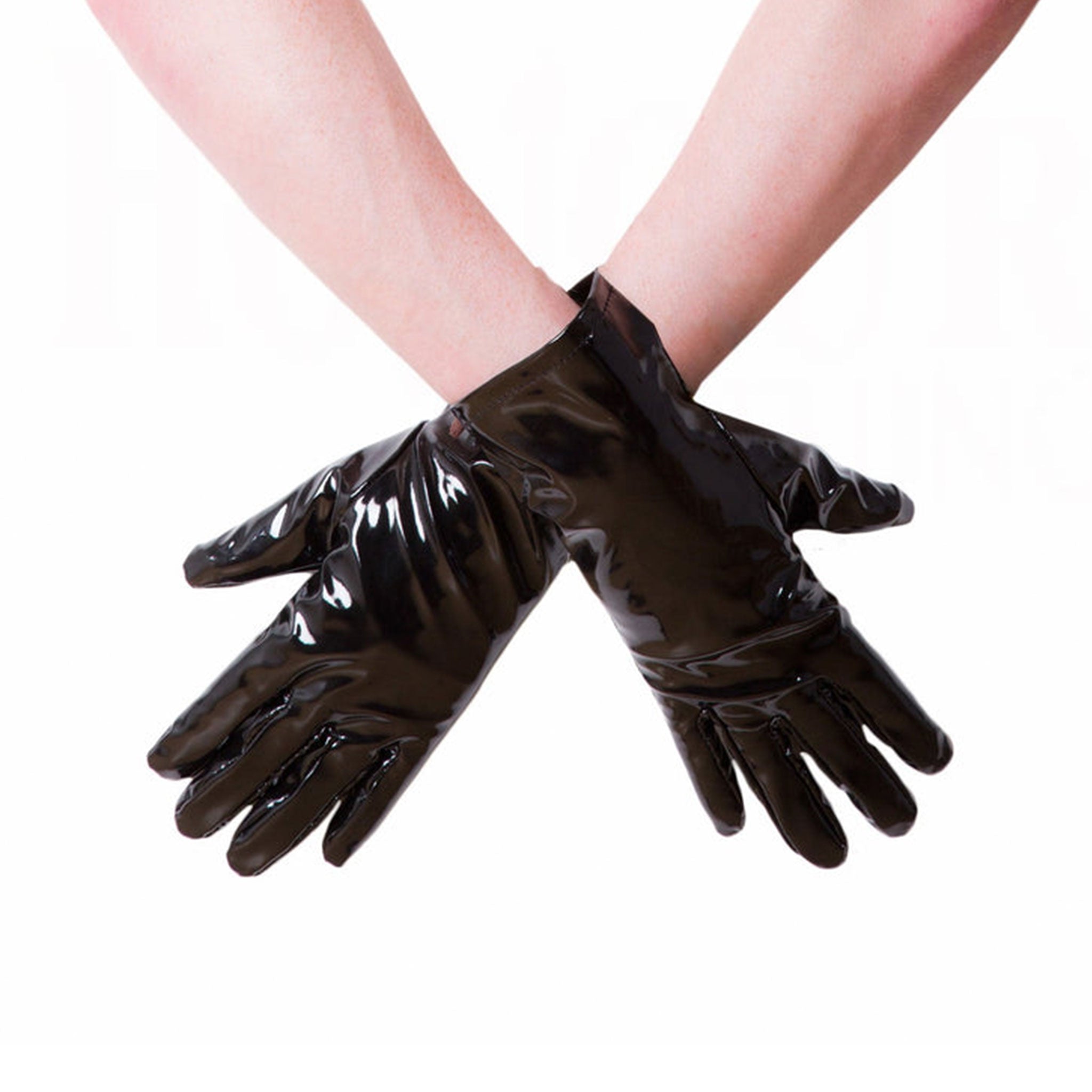 PVC vinyl accessories gloves short wrist wrist-length pull-on glossy shiny comfortable fetish fashion alt-fashion bondage bdsm domination domme dominatrix unisex black