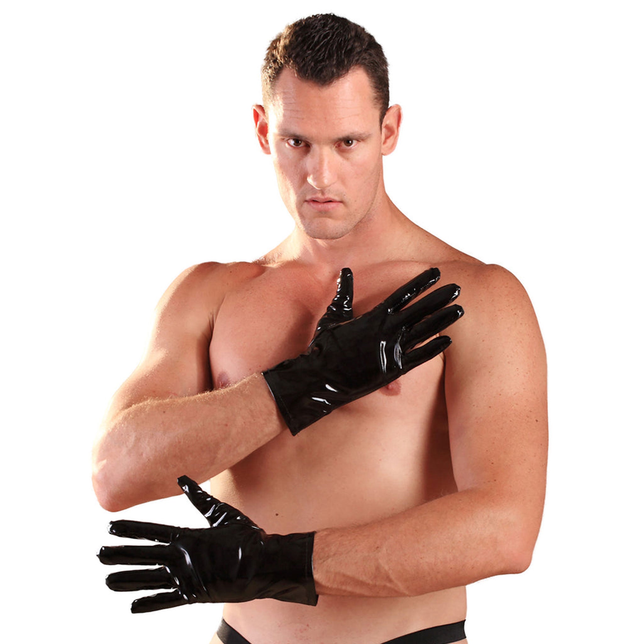 PVC vinyl accessories gloves short wrist wrist-length pull-on glossy shiny comfortable fetish fashion alt-fashion bondage bdsm domination domme dominatrix unisex black